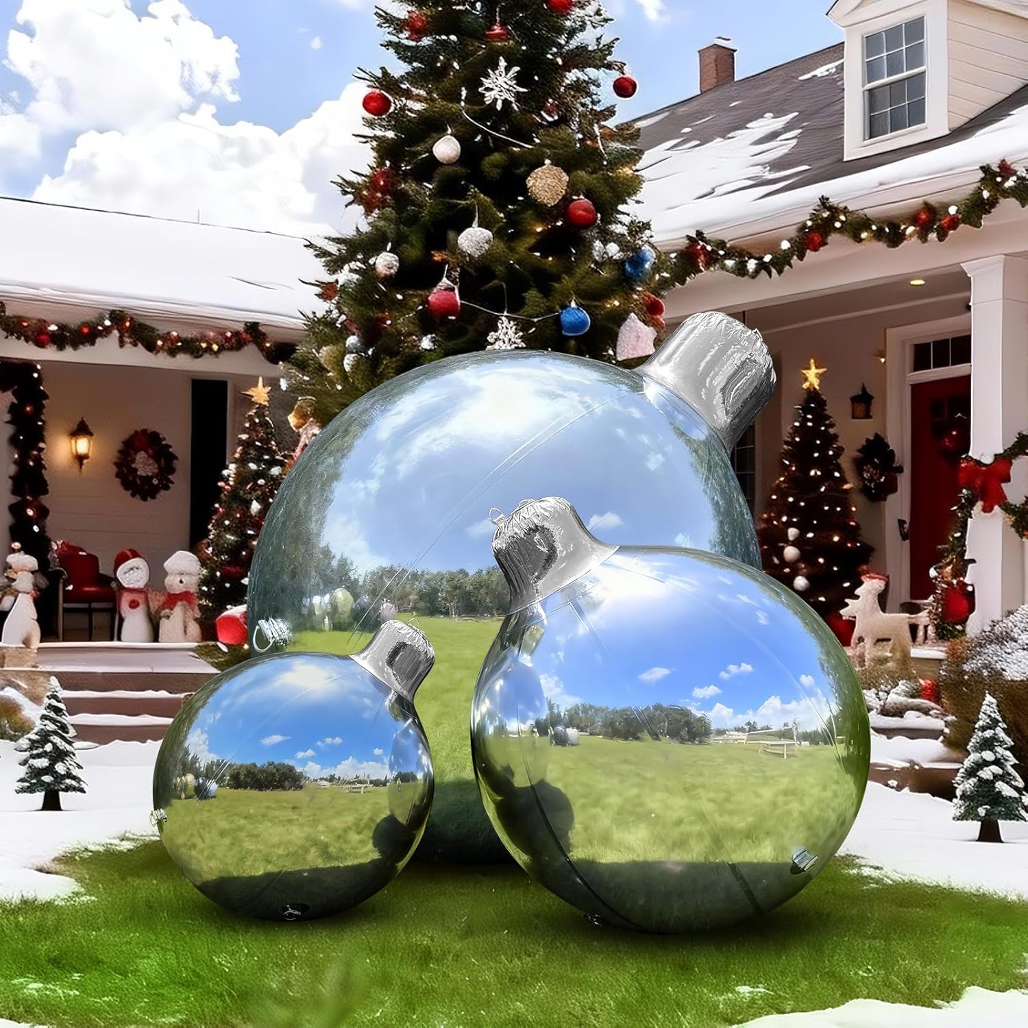 3PCS Silver Inflatable Mirror Ball, Big Inflatable Shinny Christmas Balls with Air Pump Reusable Large PVC Xmas Balloon for Christmas, Event Decoration, Party, Wedding Decor