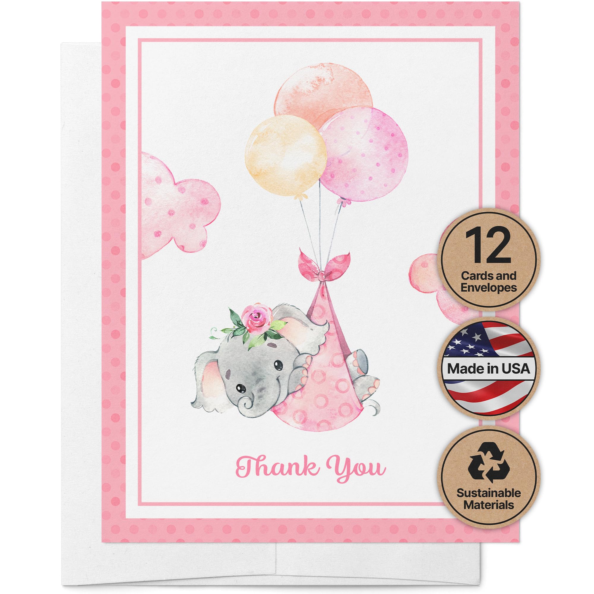 Twigs Paper Baby Girl Shower Thank You Cards, 12 Pink Elephant Note Cards