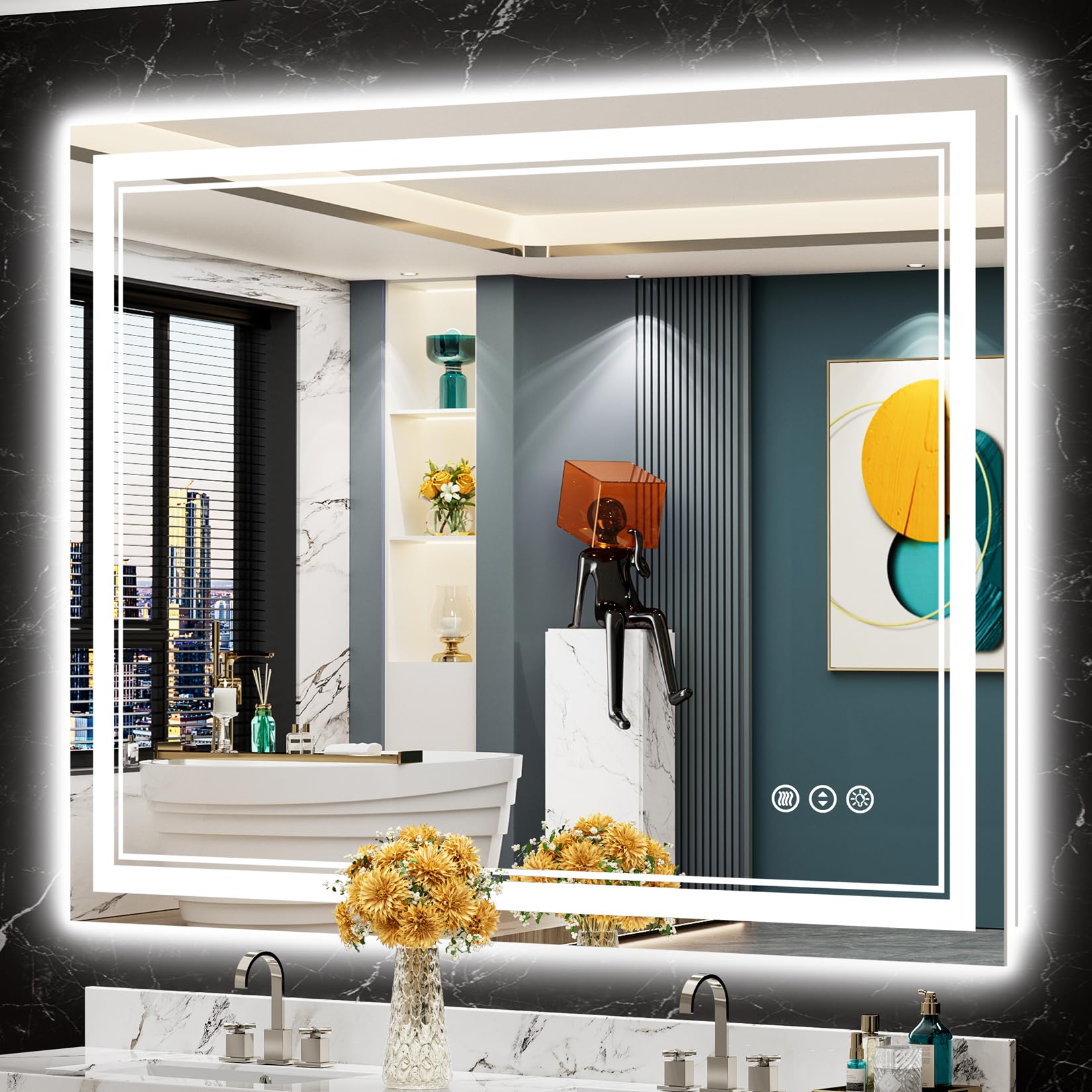 48x36 LED Bathroom Mirror with Lights, Backlit and Front Lit Anti-Fog Lighted Vanity Mirrors for Bathroom Wall, Dimmable, 3-Color Light, Memory, Shatter-Proof, HD Tempered Glass, CRI＞90