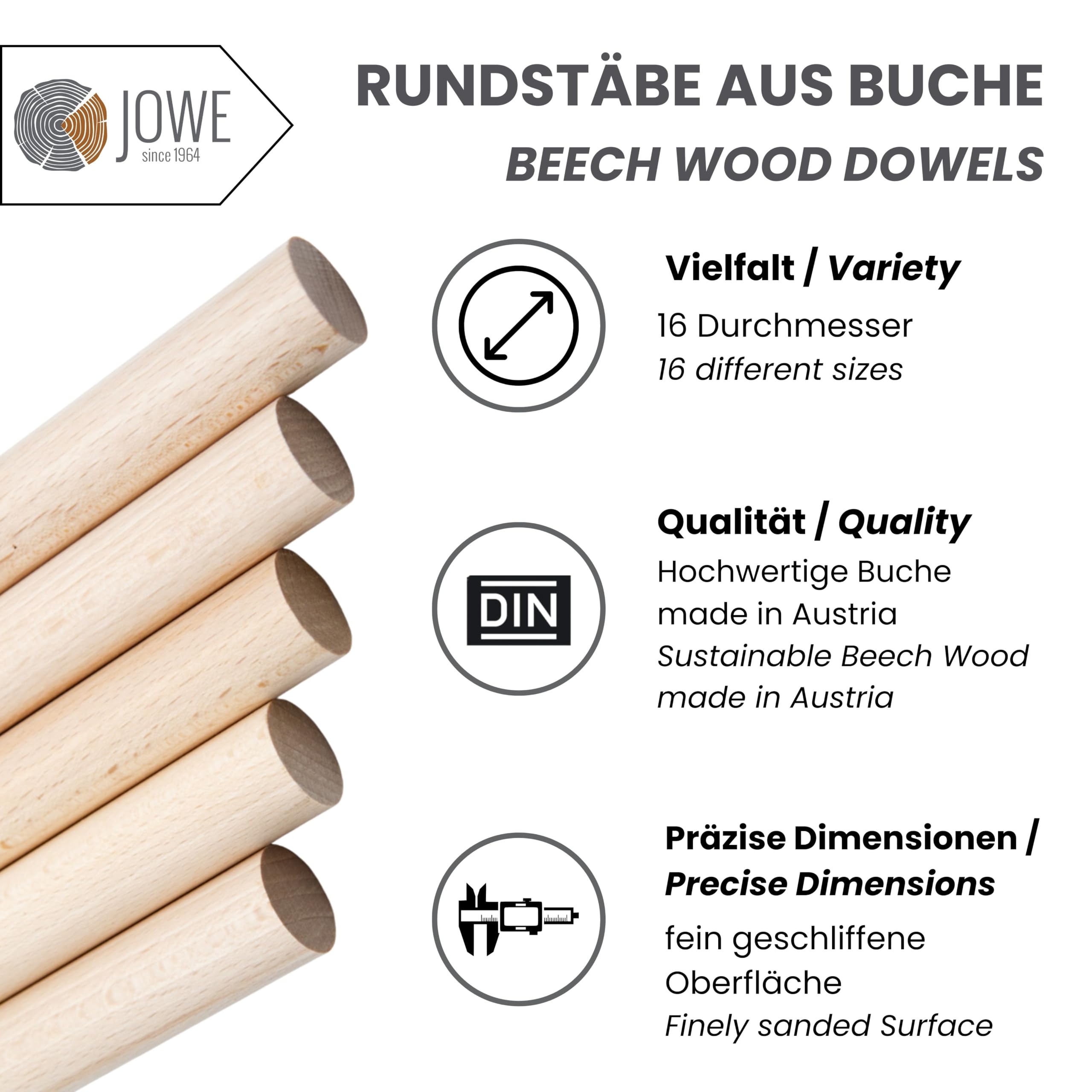 JOWE 3 varillas redondas de haya de 20 mm, longitud de 100 cm, barras de madera lisas de haya – Fabricado en Austria