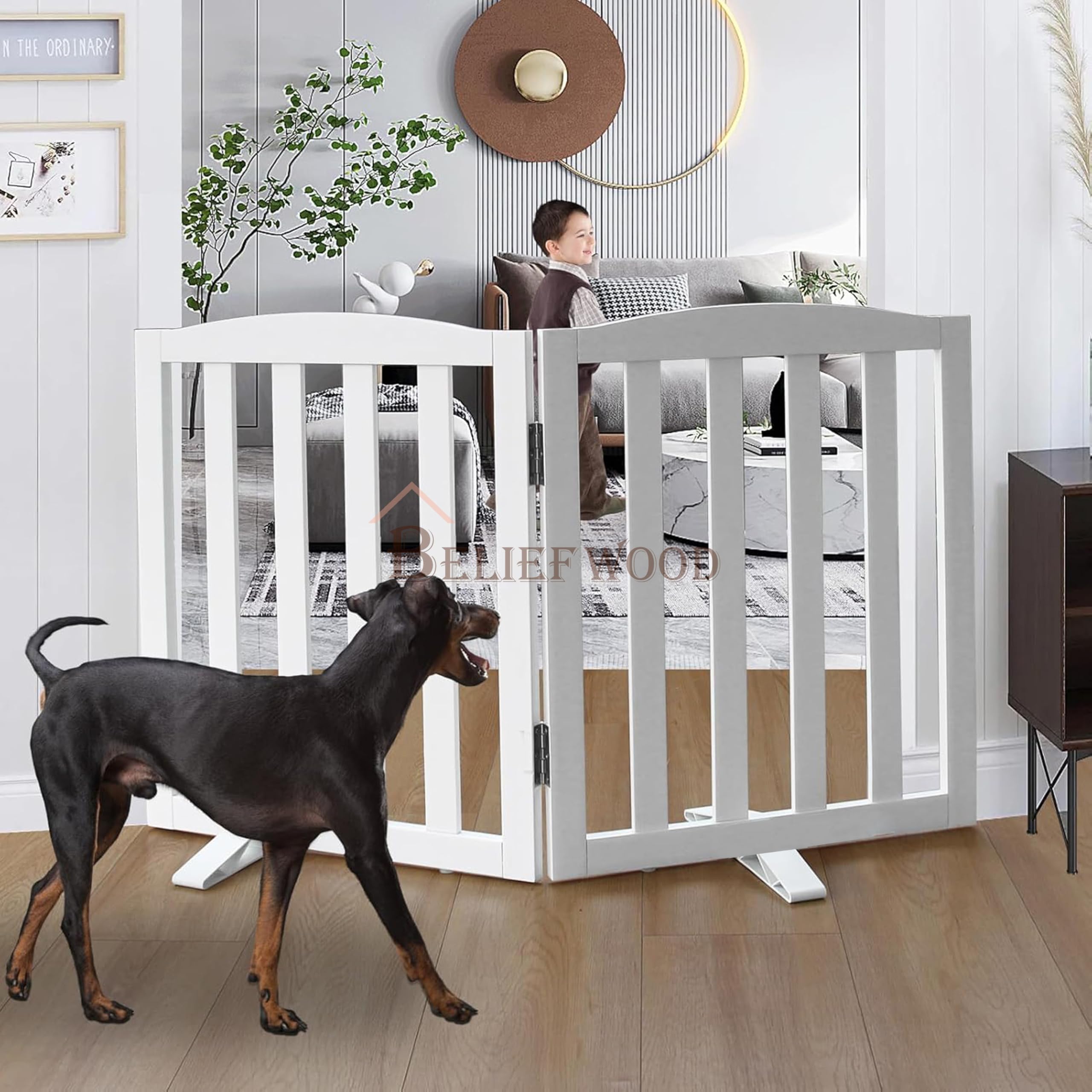 Belief Wood | Freestanding Dog Gate | Foldable Wooden Pet Safety Gate for Dogs & Kids | Indoor Barrier with Support Feet for Stairs, Doorways, Hallways & Kitchens - 24" (White, 2 Panel)-image-35