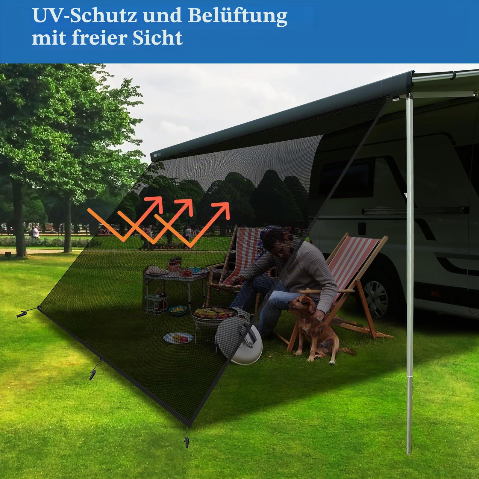 JAOGAUS Wohnmobil View Blocker Sonnenschutz, 2.4m x 3m Winddurchlässige Vorderwand für Markise, Universeller RV Markisen Sichtschutz mit Kompletten Kits, 86% Sonnenschutz, Wind und Regen
