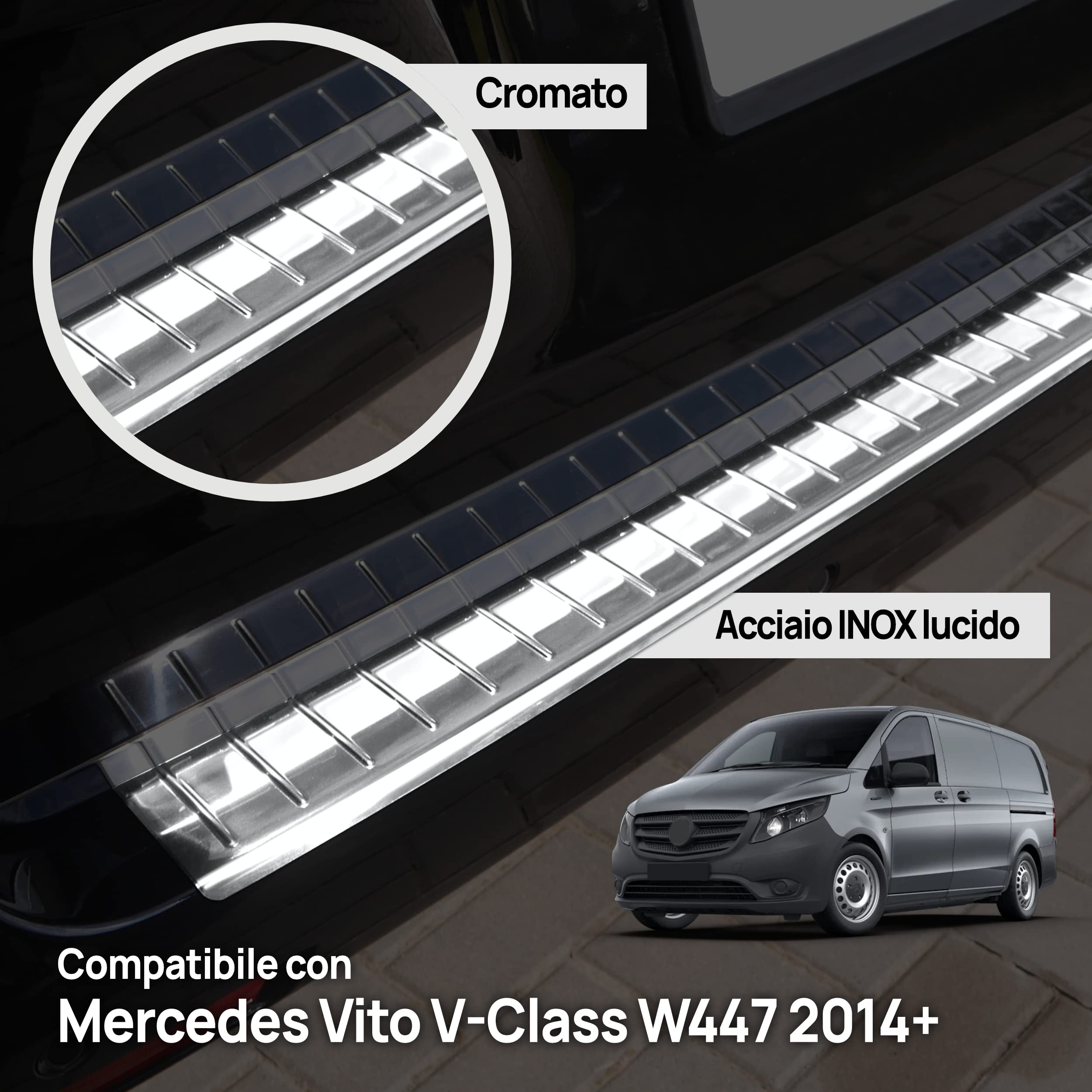 Chromemaster | Protezione Posteriore Compatibile con Mercedes Vito Classe V W447 dal 2014- | Acciaio INOX Lucido/Cromato | Protegge la Vernice del Paraurti dai Graffi