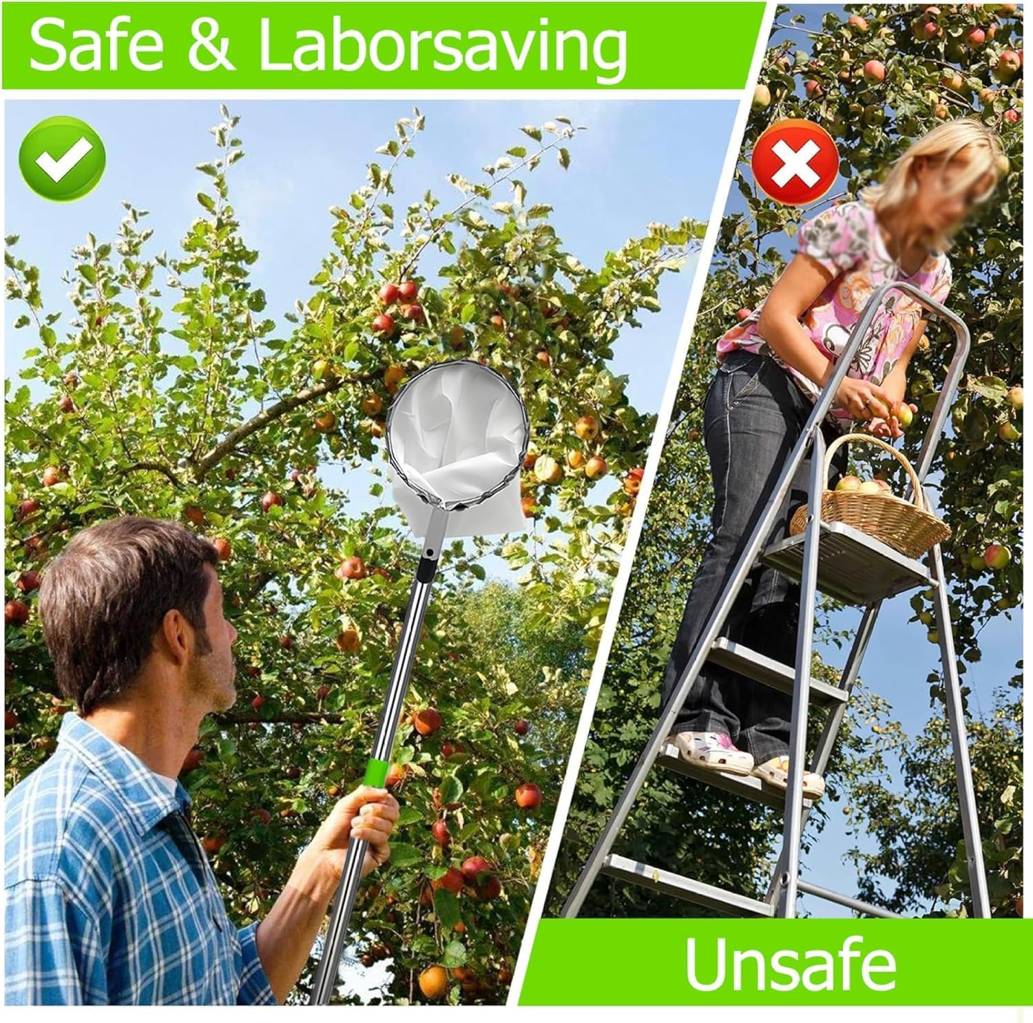 420cm Ramasse Fruit INOX, Cueille Fruit Con Perche, Cueilleur Fruits Amovible, Cueille Cerise, Cueille Pomme, Cueille Fruit, Outil Cueillette Jardin， Cueille-Fruits avec Sac, Ramasse Pomme