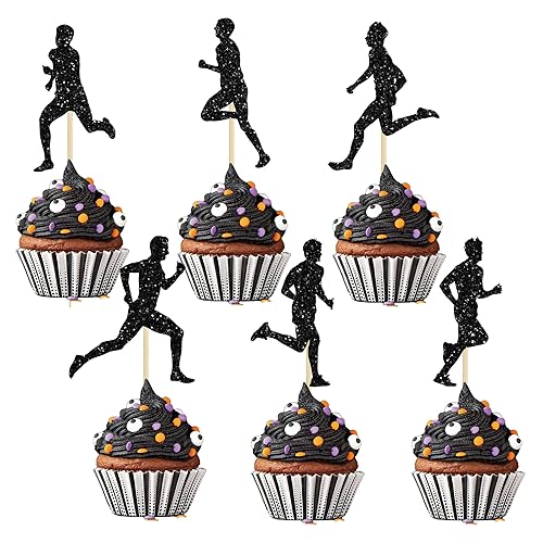 Gyufise 24 piezas de adornos para cupcakes para correr, con purpurina negra, para deportes, fitness, para correr, para niños y niñas, fiesta de