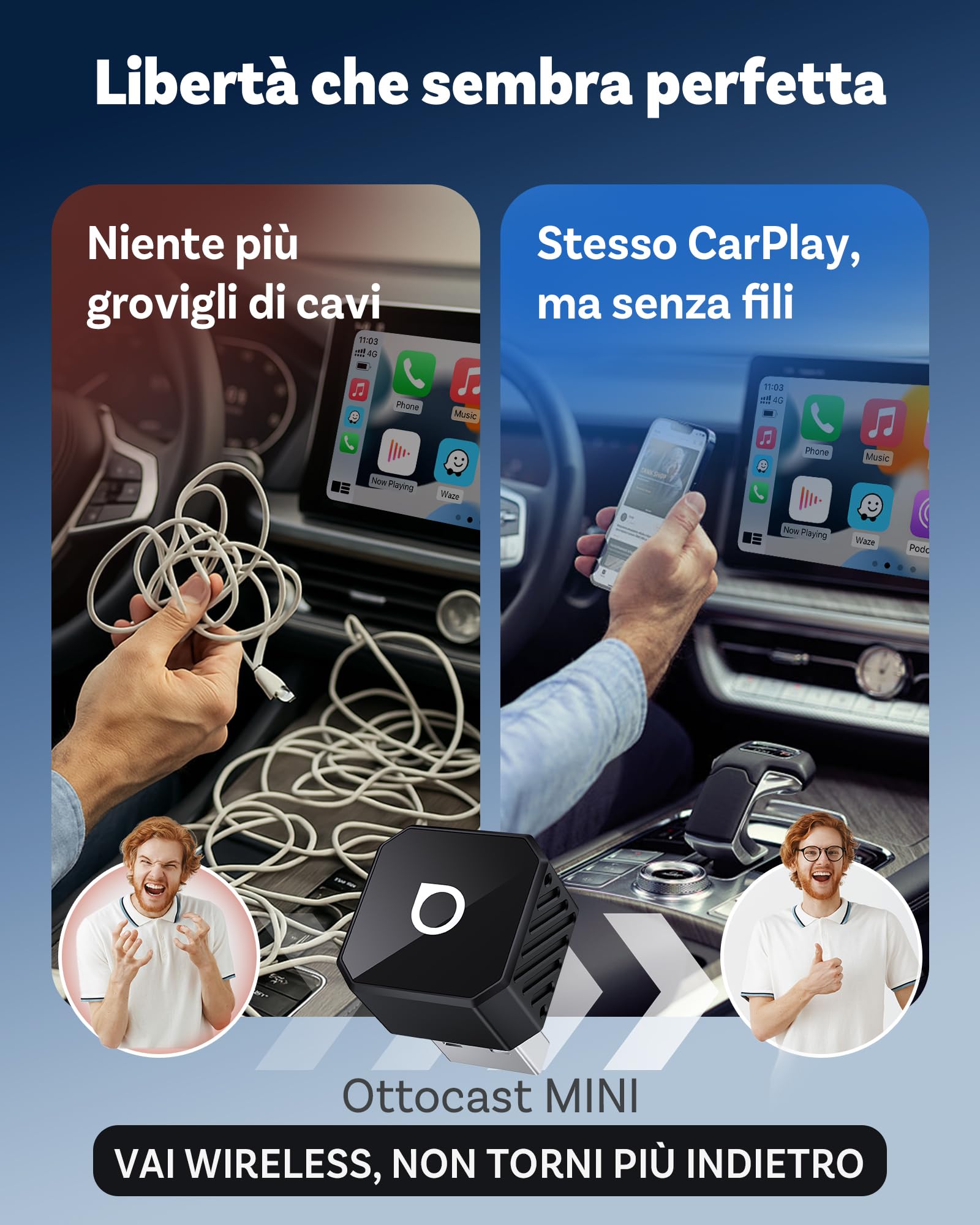 OTTOCAST Mini Pot, 2026 Upgrade Adattatore Wireless CarPlay & Android Auto, Plug & Play, WLAN Dual-Band 2.4G+5G, Riconnessione Automatica, Compatibile con Auto dal 2016 con CarPlay/AA cablat(Nero)