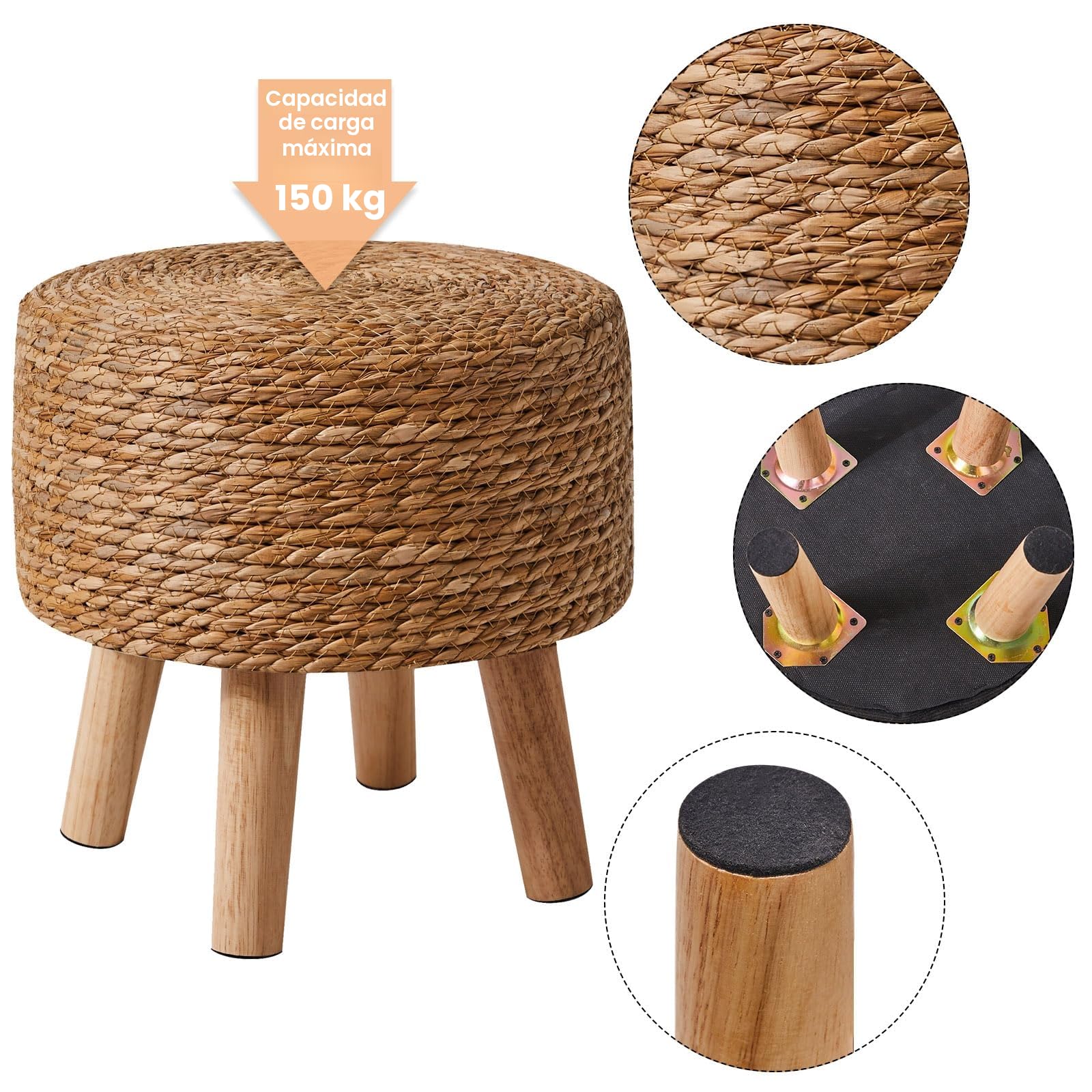 YMYNY Taburete de Madera, Reposapiés Redondo de Algas Naturales con Asiento Tejido a Mano, Puf Suave Tapizado, para Sala de Estar, Dormitorio, 32×32×32CM Color Natural HBD027N