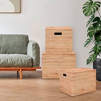 ラタン 蓋付きバスケット 中型 ふた付きラタンバスケット（収納ボックス/バスケット/小物収納