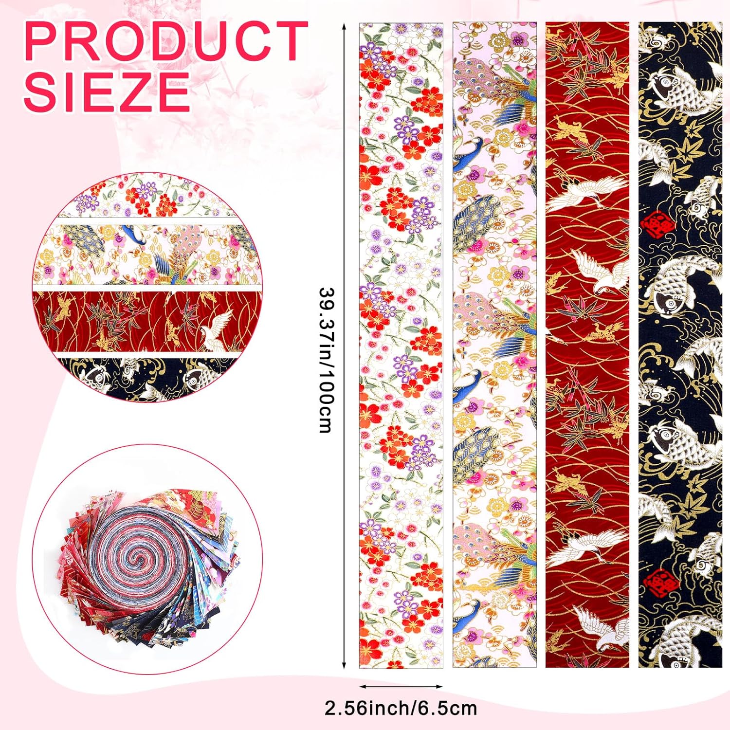 Peryiter 40 Pcs Japanese Jelly Fabric Strips for Quilting, Cotton Jelly Fabric Rolls 39.37 x 2.56 Inch, Different Asian Patterns Patchwork Craft Sewing Supplies for Quilters Sewing DIY Crafts