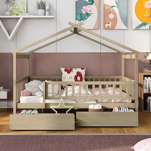Miniatura 3 de Cama de casa matrimonial para niños, cama Montessori de tamaño matrimonial con 2 cajones de almacenamiento, barandillas y techo, cama de
