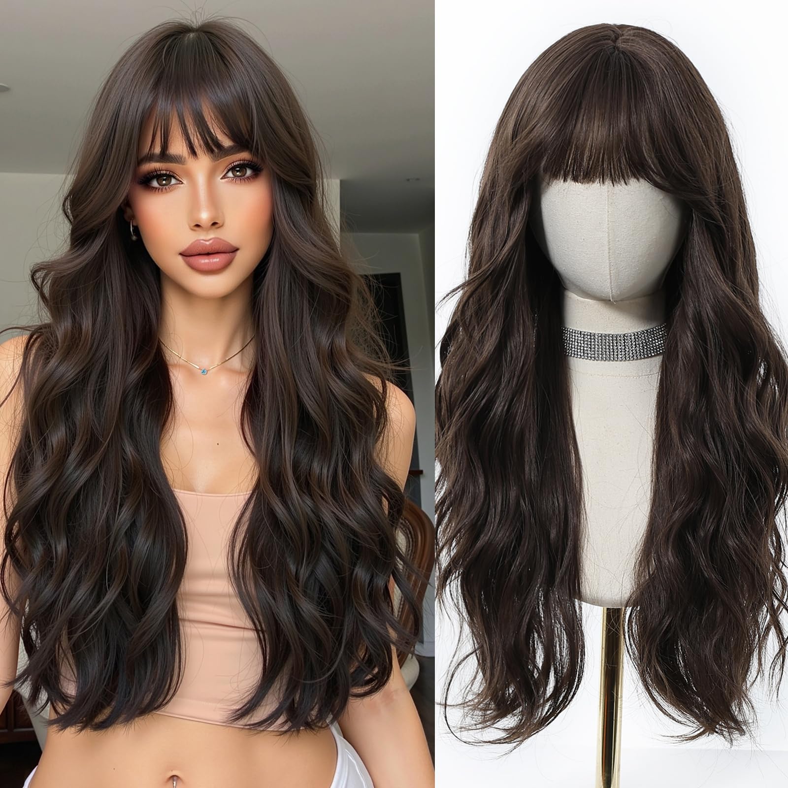 Esmee Long Wavy Brown Wigs for Women Natural Synthetic Hair Ombre Wig for Daily & Party Use, Brown 1296-1, 24 Inch (Pack of 1)