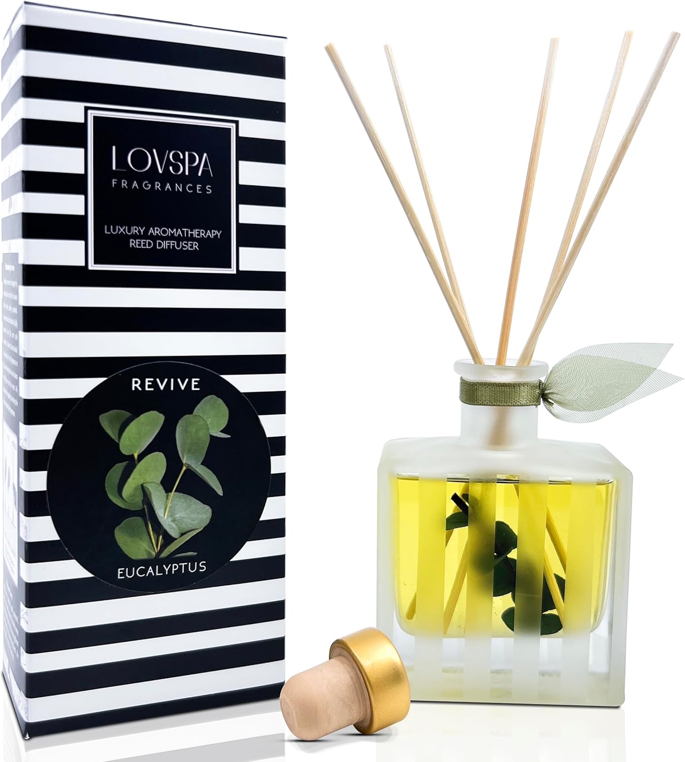 LOVSPA Revive Eucalyptus Essential Oil Reed Diffuser Gift Set | Fresh Eucalyptus, Sage, Citrus, Bamboo & Mint | Great Aromatherapy Gift | Modern Striped Glass Bottle – Packaging May Vary