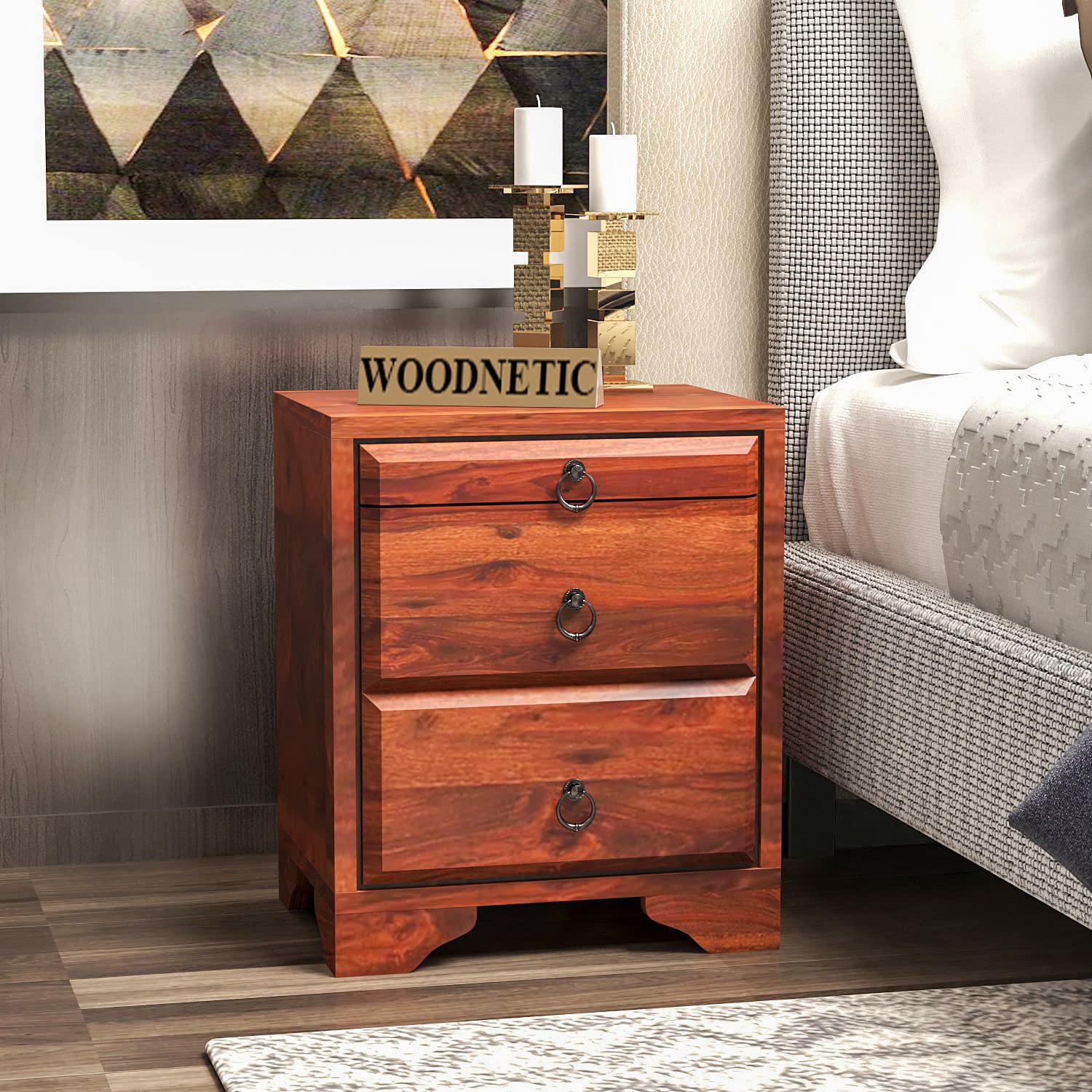 sheesham wooden solid bedside table with 3 drawers storage (honey)
