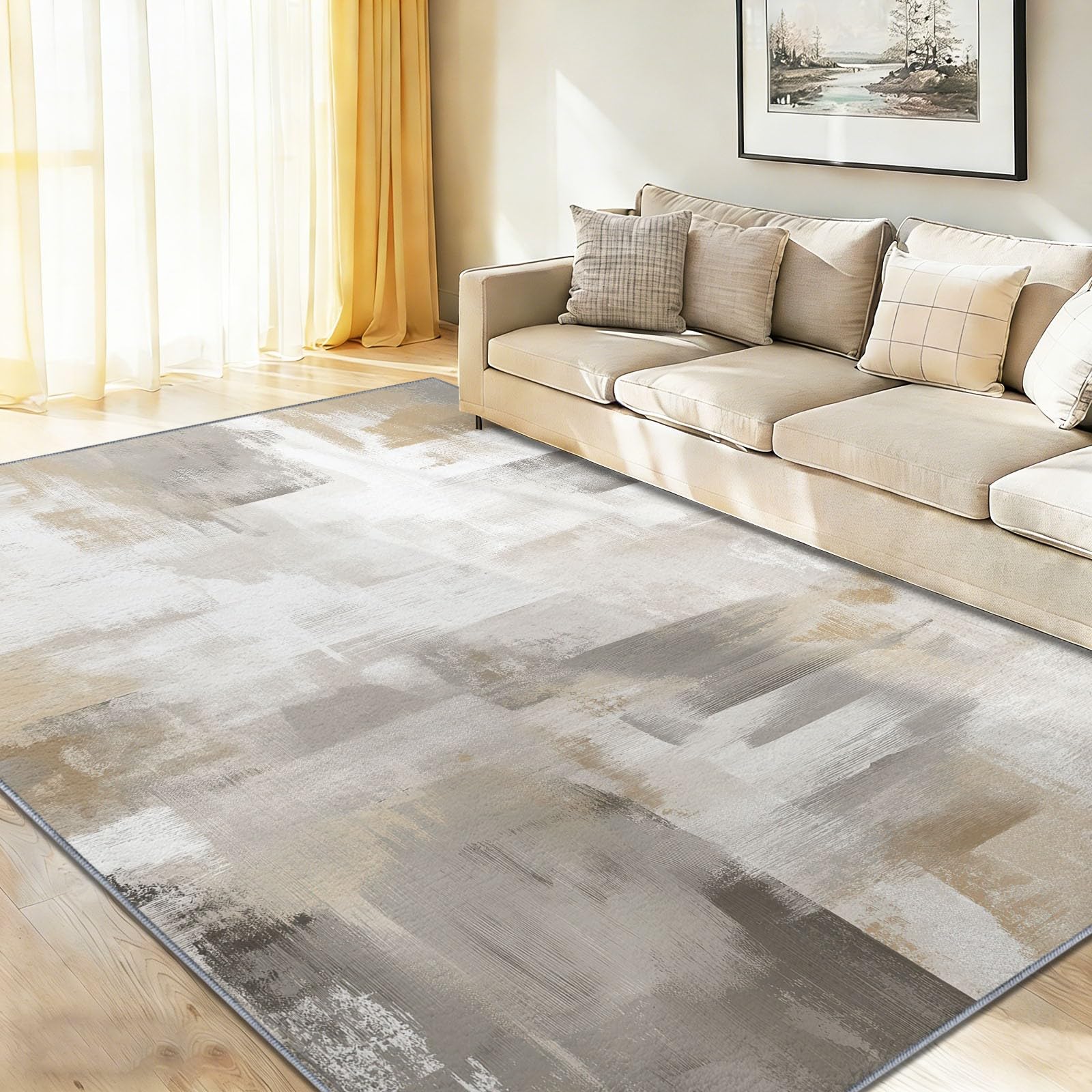 Gealtert Teppich Wohnzimmer Waschbarer 160 x 230 cm - Kurzflor Teppich Schlafzimmer - Farbblöcke Streifen Teppiche Weich rutschfest für Wohnung Schlafzimmer Grau