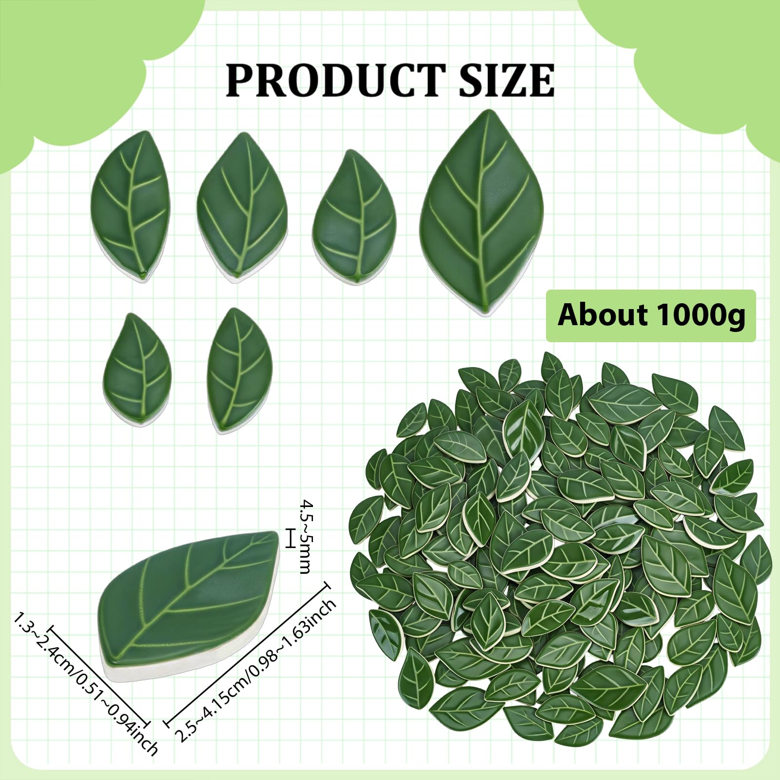 CUTHOLLOW Azulejos de mosaico de cerámica en forma de hoja verde, 1 kg a