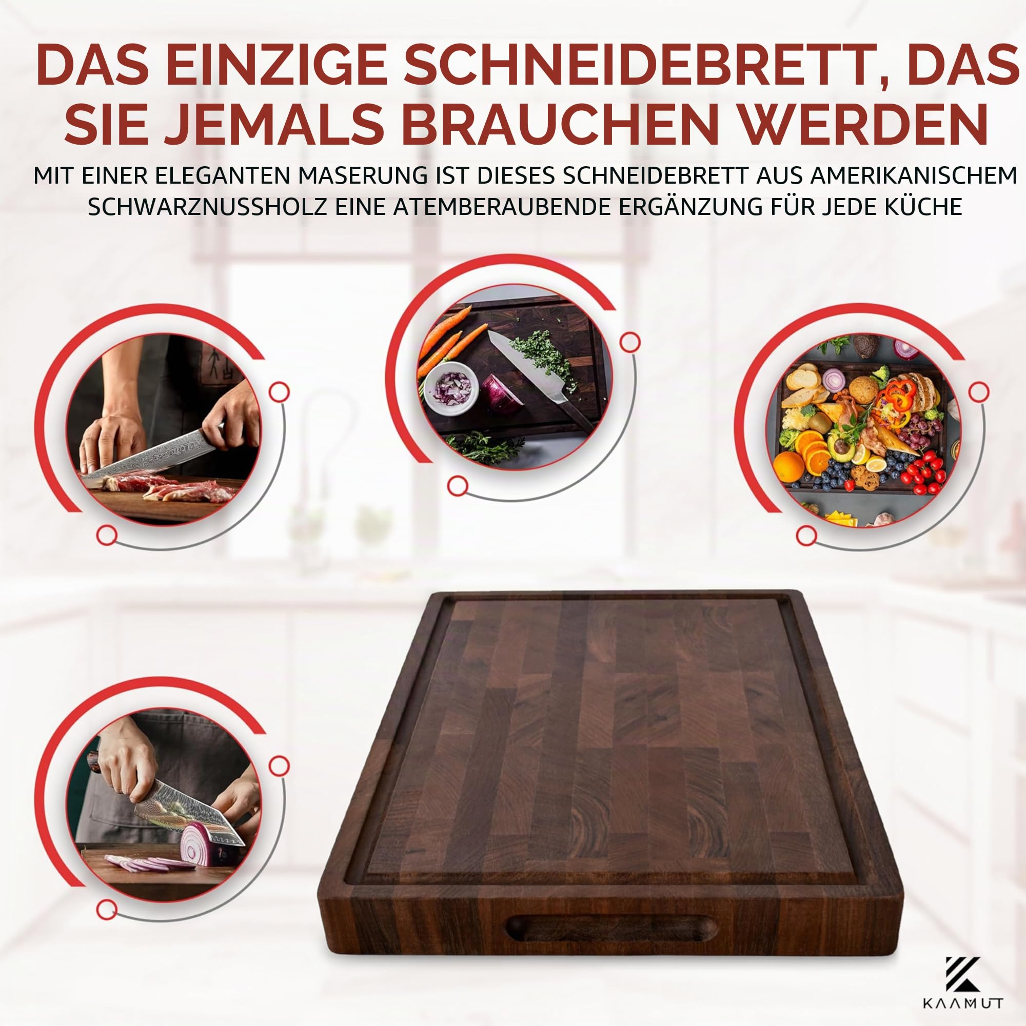 Schneidebrett aus Nordamerikanischem Schwarznuss-Holz – Massives Hirnholz – 40×27,5×3,5 cm – Extra Dick & Langlebig – Saftrille, Griffe & rutschfeste Füße – Inklusive Premium Holzpflegewachs