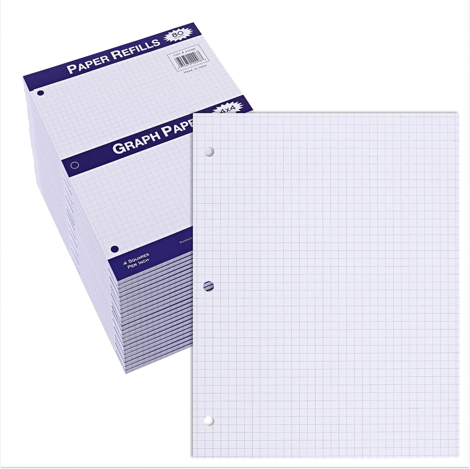 Roaring Spring Loose Leaf Graph Paper, Bulk Pack Case of 24, 80 Sheets 8"x11" White 15#, 4x4 Graph Ruled Notebook Filler Paper, 3-hole Punched