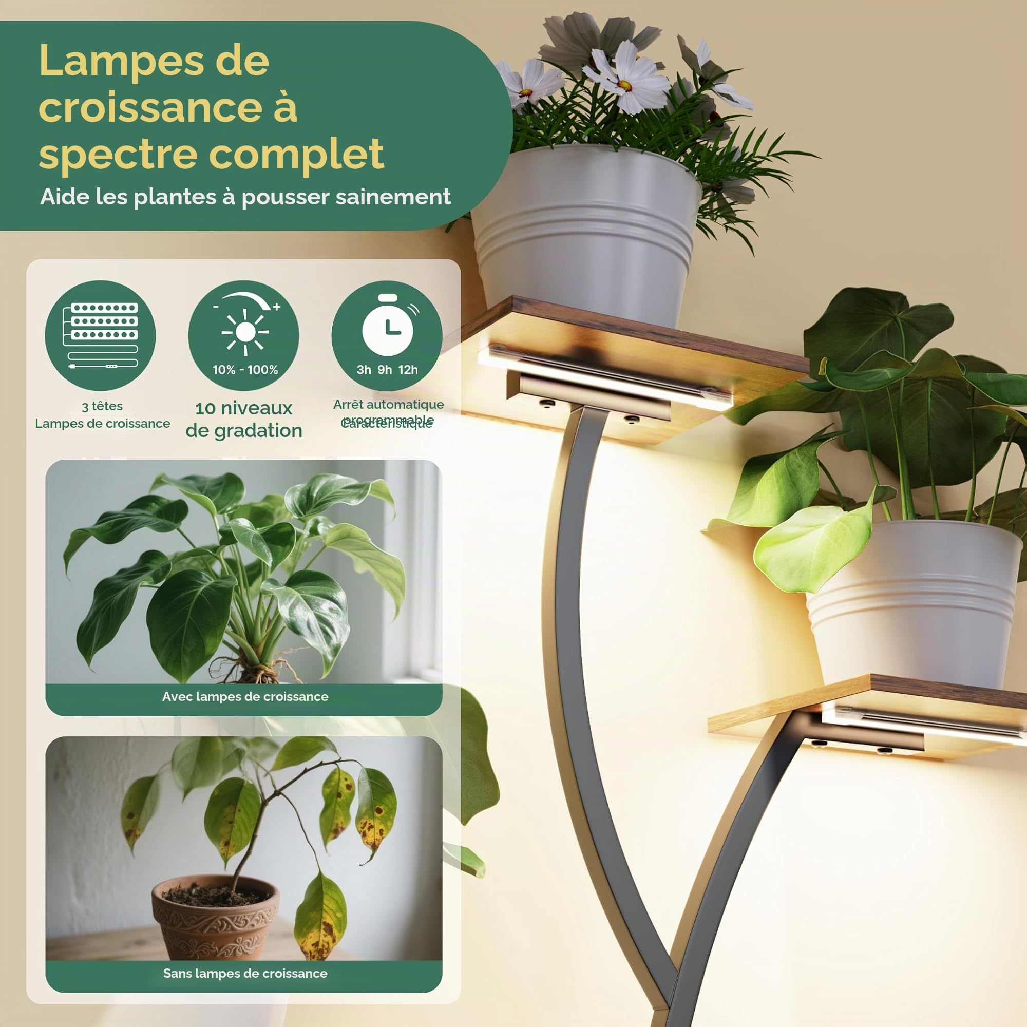 Mondeer Support de Plantes d'Intérieur avec Lumières de Croissance, Étagère d'Angle 9 Niveaux 160 cm avec 2 Tiroirs de Rangement, Luminosité Réglable & Minuterie, Présentoir Moderne pour Plantes - Sal