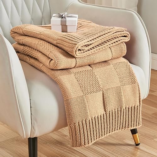 CozeCube Manta de punto beige, manta de punto suave y acogedora para sofá, cama, sofá, sala de estar, manta decorativa de otoño de 60 x 80 pulgadas,