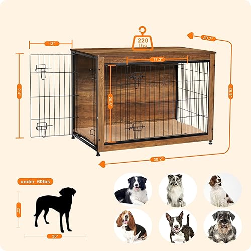 Vista 66 de DWANTON Mueble de jaula para perros con cojín, caja de madera para perros con puertas dobles, muebles para perros, perrera de interior, mesa Negro