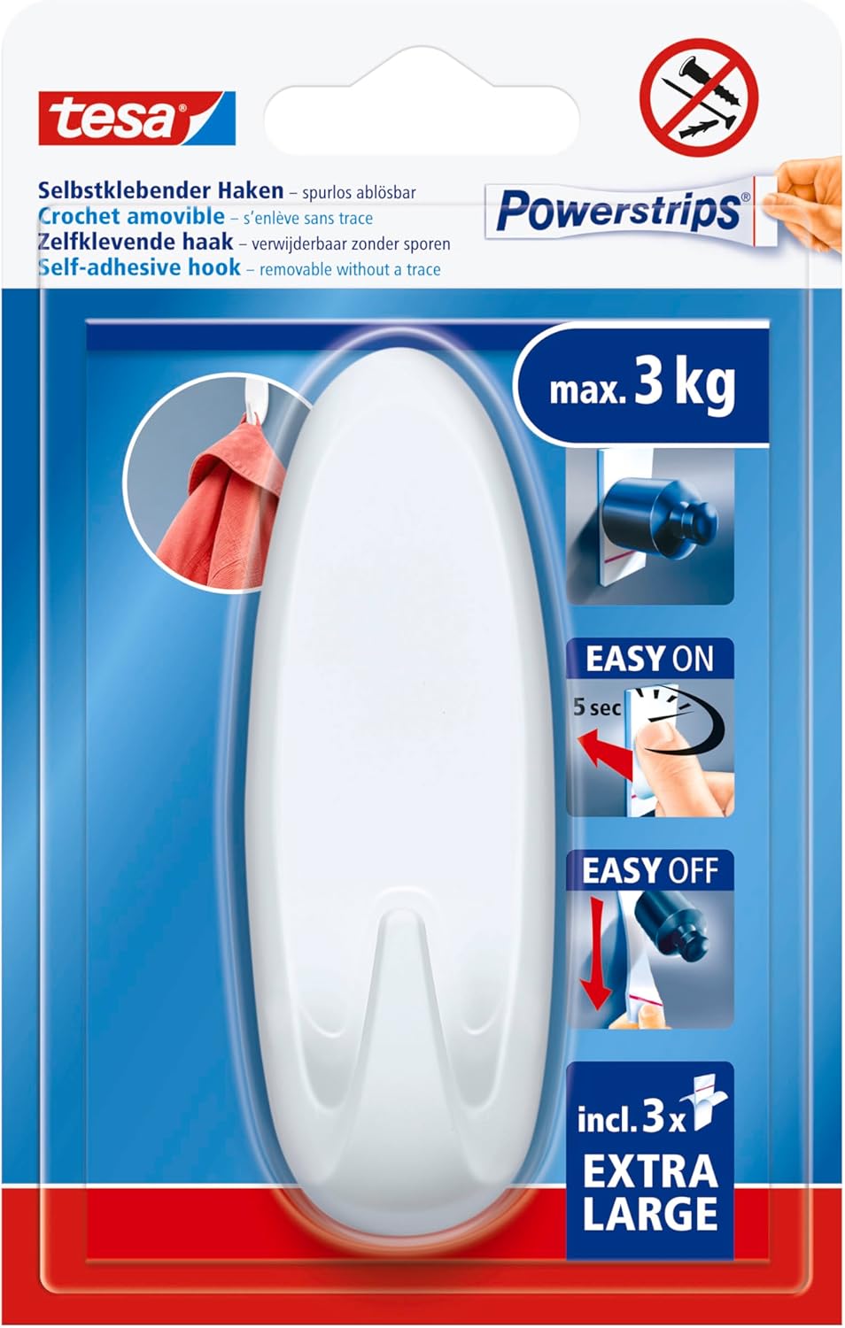 tesa Powerstrips Self-Adhesive Hook XL - Oval Wall Hook with Extra Strong Hold - Drill-Free Mounting - Reusable Wall Hook for Bathroom or Kitchen - White - 1 x Hook, 3 x Powerstrips XL