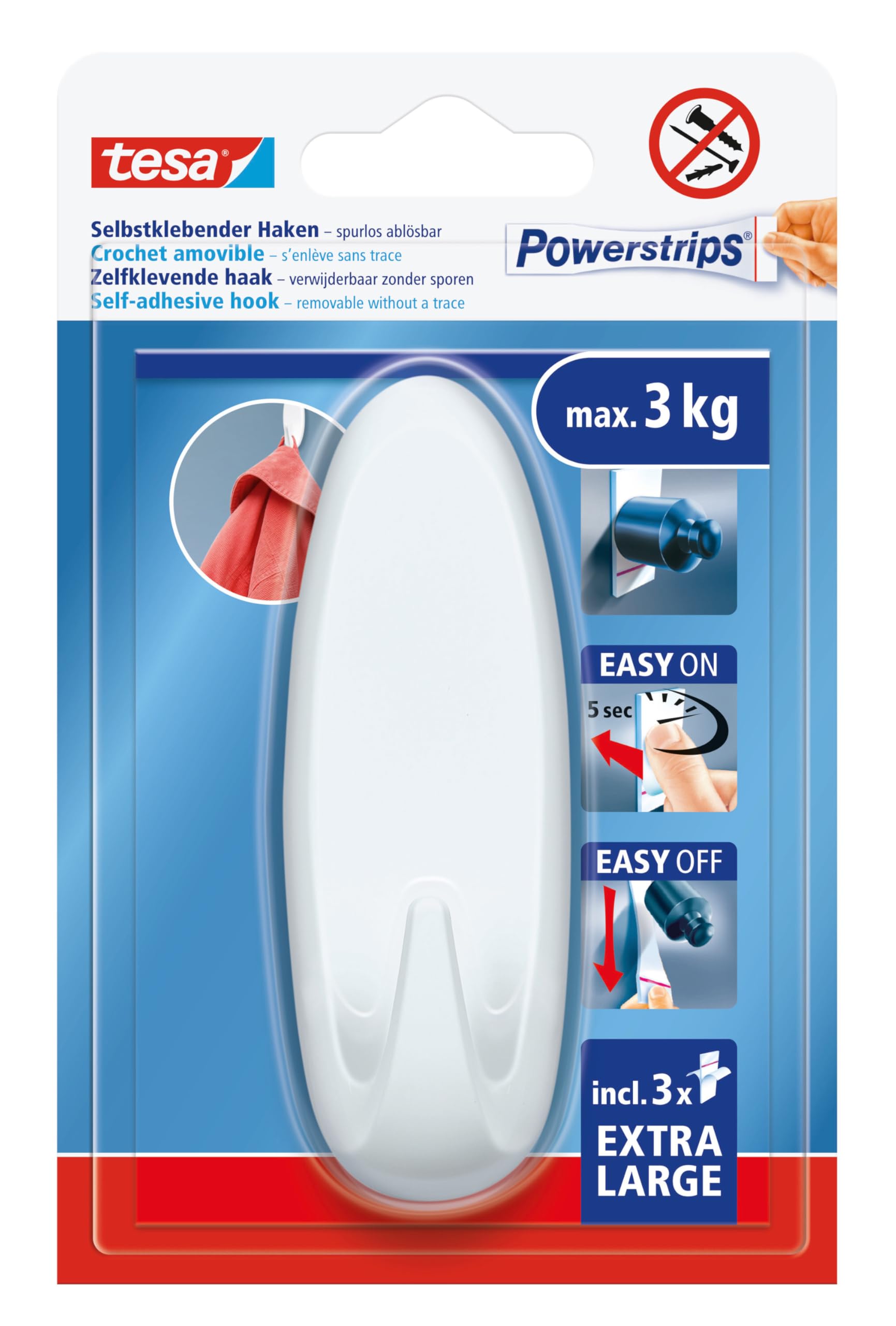 tesa Powerstrips Self-Adhesive Hook XL - Oval Wall Hook with Extra Strong Hold - Drill-Free Mounting - Reusable Wall Hook for Bathroom or Kitchen - White - 1 x Hook, 3 x Powerstrips XL