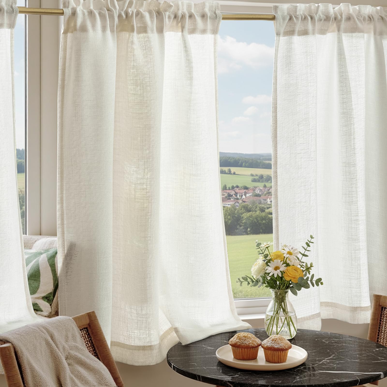 TOPICK Cortinas para Cocina con Bolsillo para Varilla de Bistró para Sala de Estar Translúcidos Modernas de Estilo Rústico de Campo con Túnel Lino Blanco Juego de 2 Unidades 65 x 90 cm