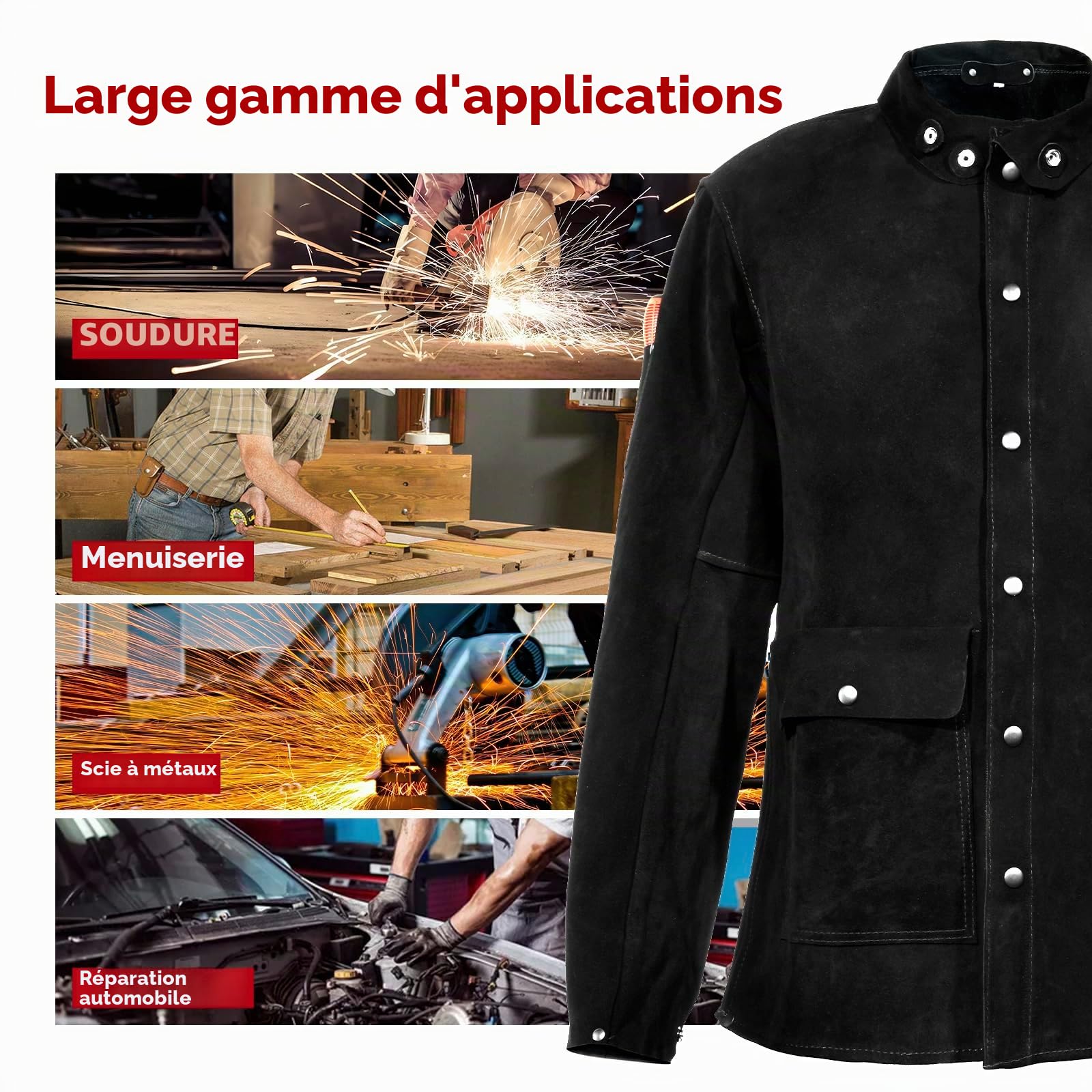 QeeLink Veste de soudage en cuir Veste de travail en cuir résistant à la chaleur et aux flammes, Vêtements de soudage pour soudeur, Noir
