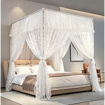 Mengersi Canopy Bed Curtains, 4 Corners Post Bed Canopy Mosquito Net for Girls Adults Bedroom Decoration White, Queen