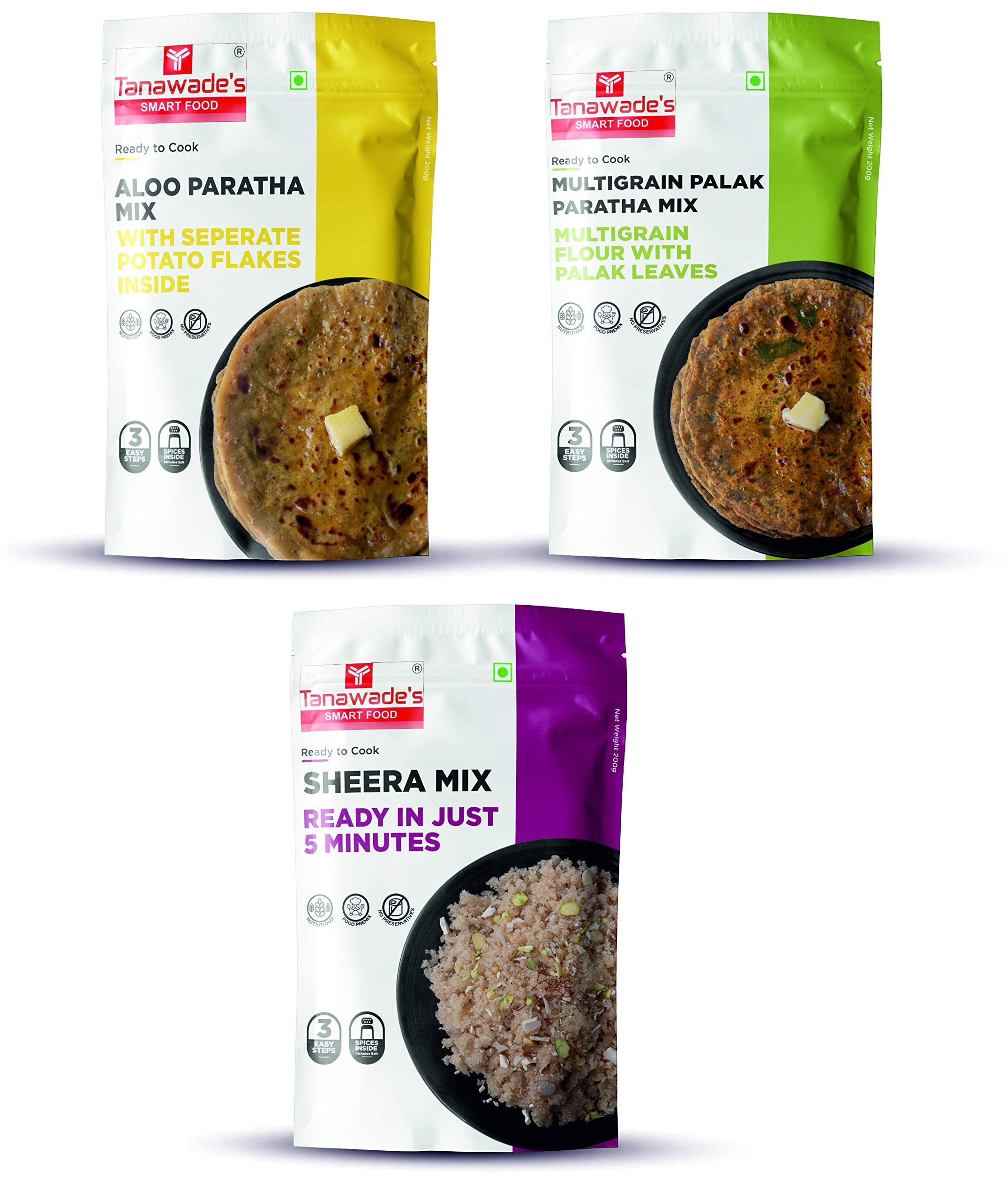 Tanawade's Smart Food Multi Combo-02-J, Instant Aloo Paratha, Palak Paratha, Sheera Mix, Ready to Cook, Home Food with Hand Picked Flavours, Pack of 3 (one of Each)-image-25