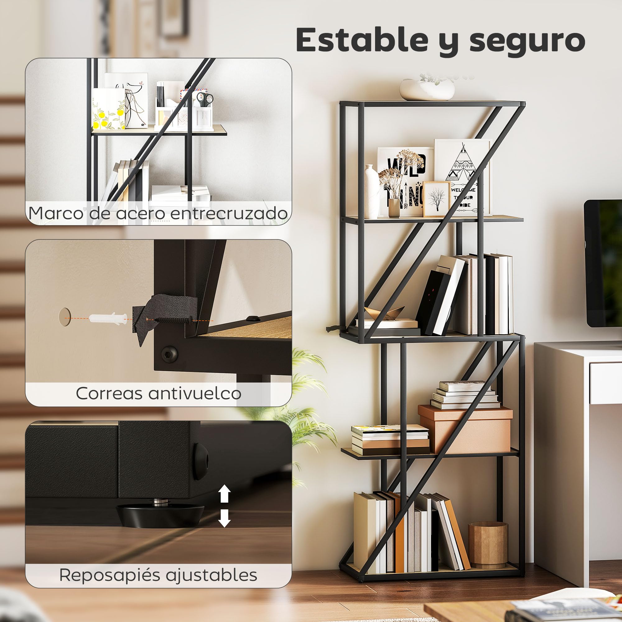 HOMCOM Librería de 5 Niveles con Estantes Abiertos 60x30x165 cm Roble | Estantería para Libros Industrial, Marco de Acero Entrecruzado, para Salón, Dormitorio, Oficina