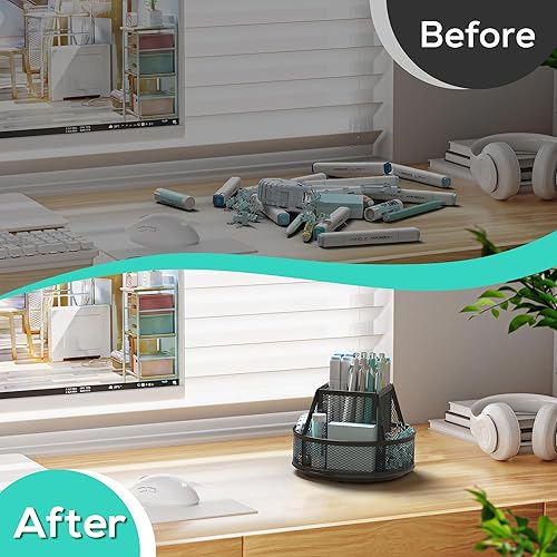 Miniatura 3 de YINGHUA Organizador de escritorio de malla metálica con 5 compartimentos y soporte giratorio para lápices y organizador de artículos de papelería