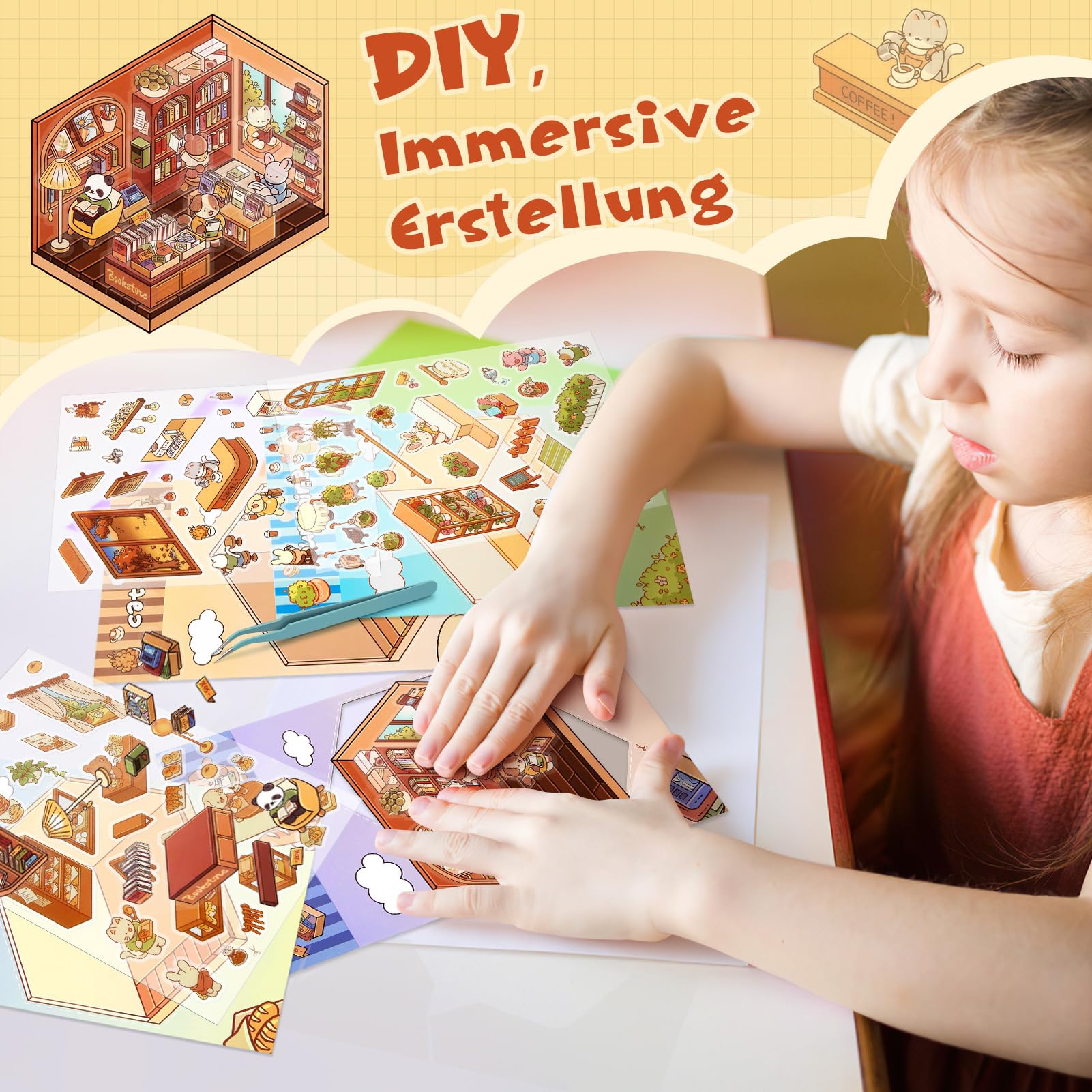 Set 12 Adesivi 3D Fai Da Te Per Casa Con 4 Pinzette – Scene Di Caffetteria, Libreria, Supermercato – Riutilizzabili Per Bambini E Adulti