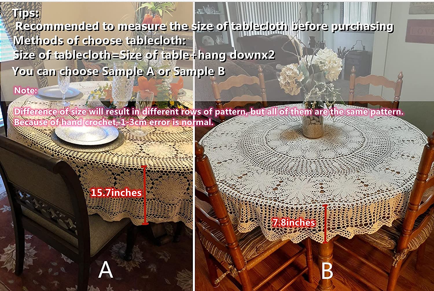 USTIDE 60 inch White Crochet Cotton Lace Tablecloth Elegant Floral Round Table Cloth Lace Dining Table Covers Kitchen Home Decor