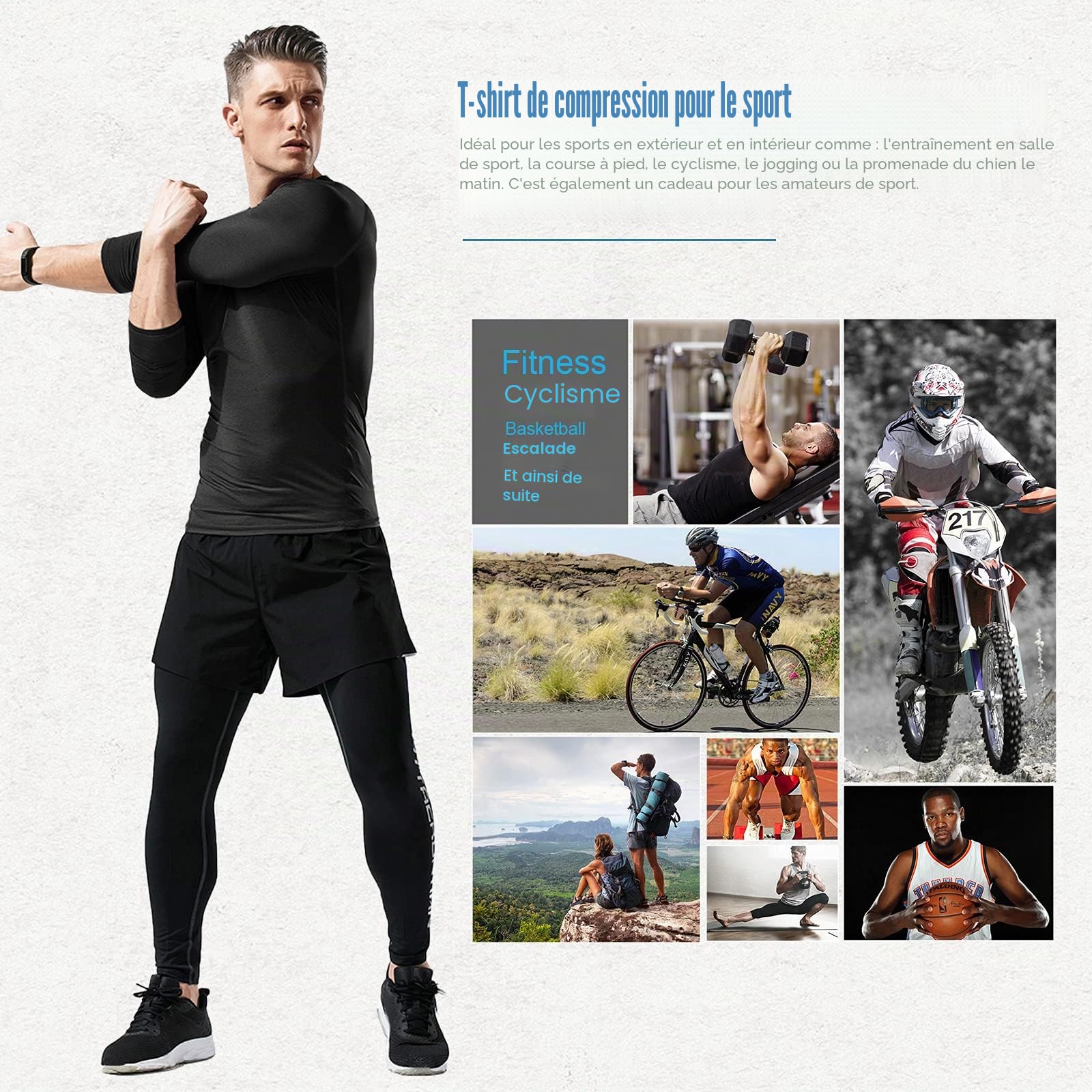 MEETYOO Tee Shirt Compression Homme Manche Court/Longue,Baselayer Maillot Running Vetement Fitness pour Sports Jogging Musculation