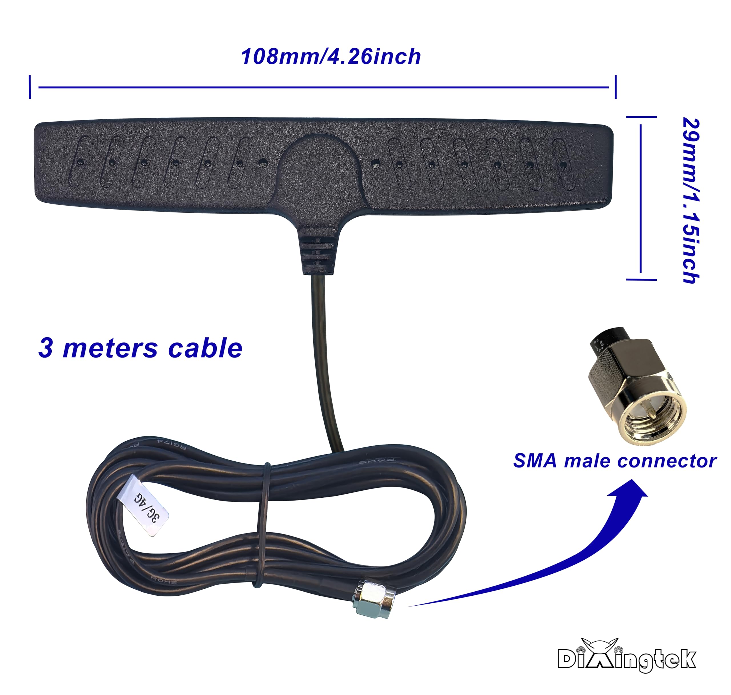 Dixingtek Waterproof 10ft Cable GSM 3G 4G SMA Antenna with Adhesive Base, Compatible with Router Network Card IP Camera Video Hunting Game Camera Security Camera T-Shaped Antenna
