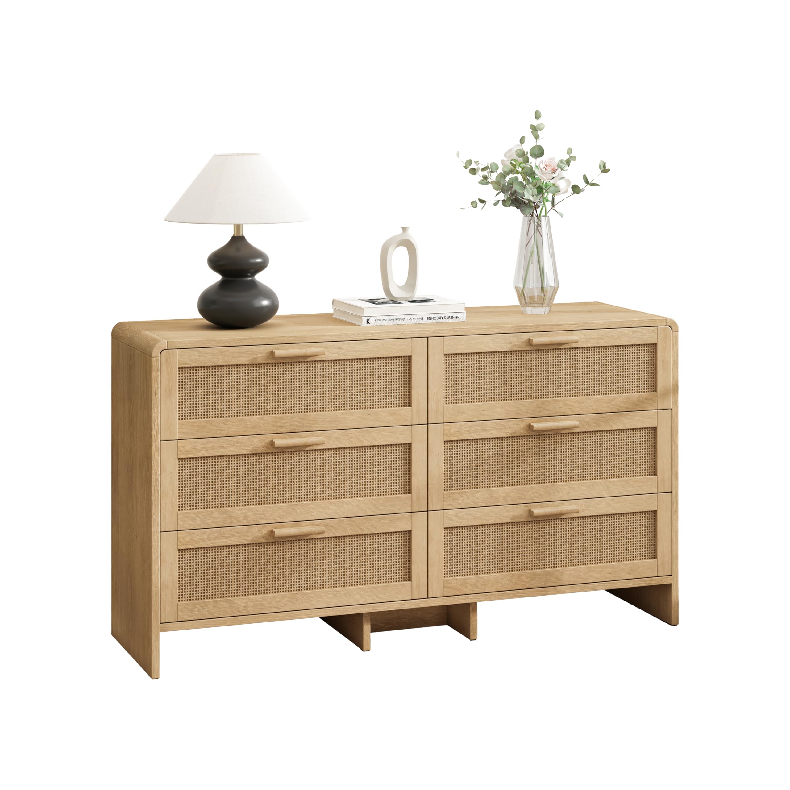 Muskel Elegante cómoda de ratán de 130 cm con 6 cajones, diseño curvado para esquinas pequeñas, crea espacio de almacenamiento decorativo para salón, dormitorio o pasillo