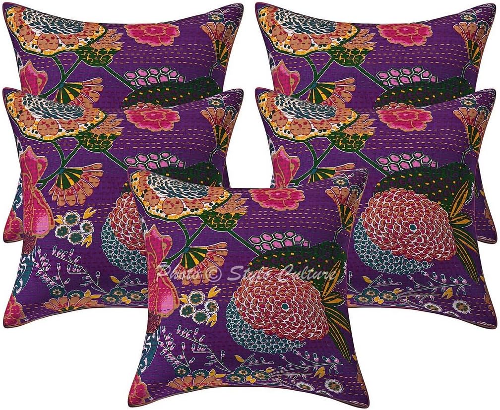 Bohemian Decorative Sofa Settee Toss Throw Pillow Cases 40x40 cm Cotton Hallway Decor Purple Tropicana Printed Kantha Square Luxury Envelope Indian 16x16 Inch Cushion Covers - 5 Pcs