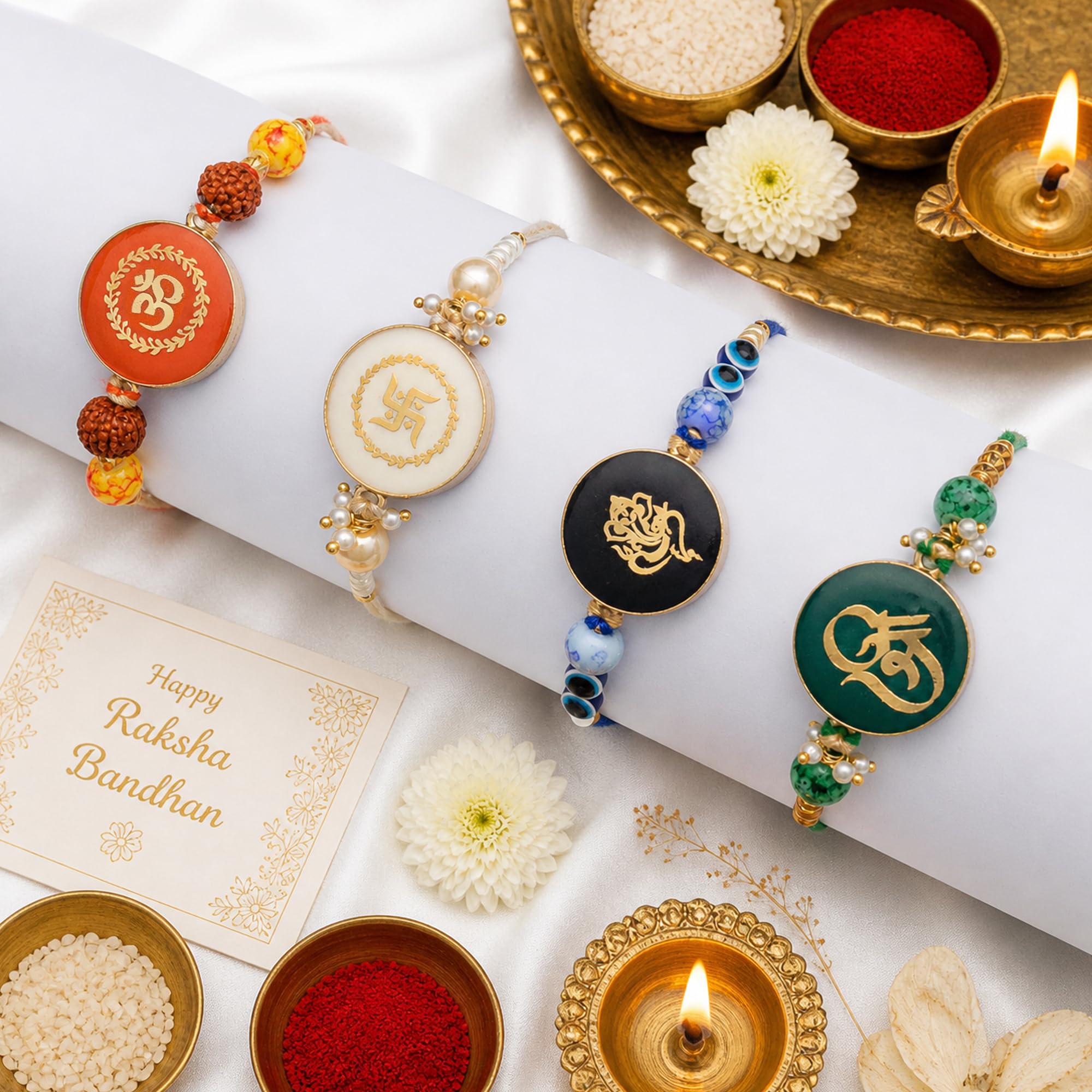 To The Nines Mens Elegant Golden Rakhi/Band For Beloved Brother (Rakhi/Band Combo Of 4) With Tilak Material