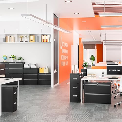 Miniatura 9 de INTERGREAT Archivador lateral con 2 cajones, color negro, archivador de metal con 2 cajones con cerradura para oficina en casa, archivador de