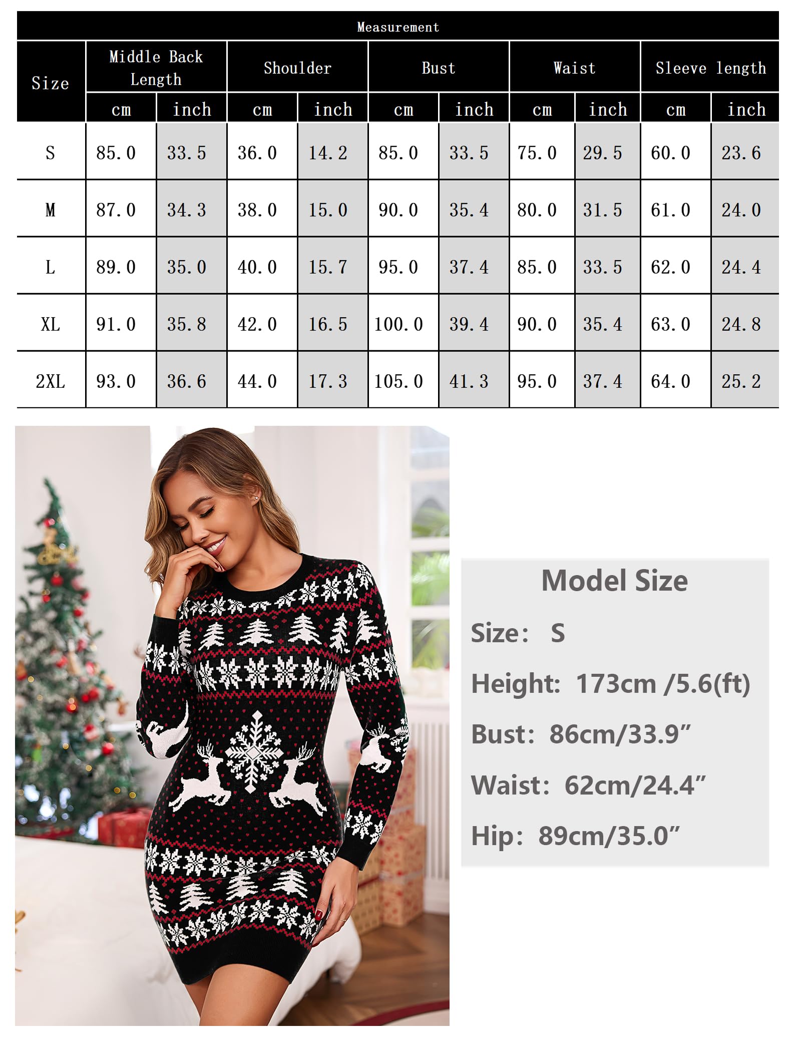 Vestido Navidad Mujer Suéter Largo con Renos y Copos de Nieve Jersey Navideño S-XXL