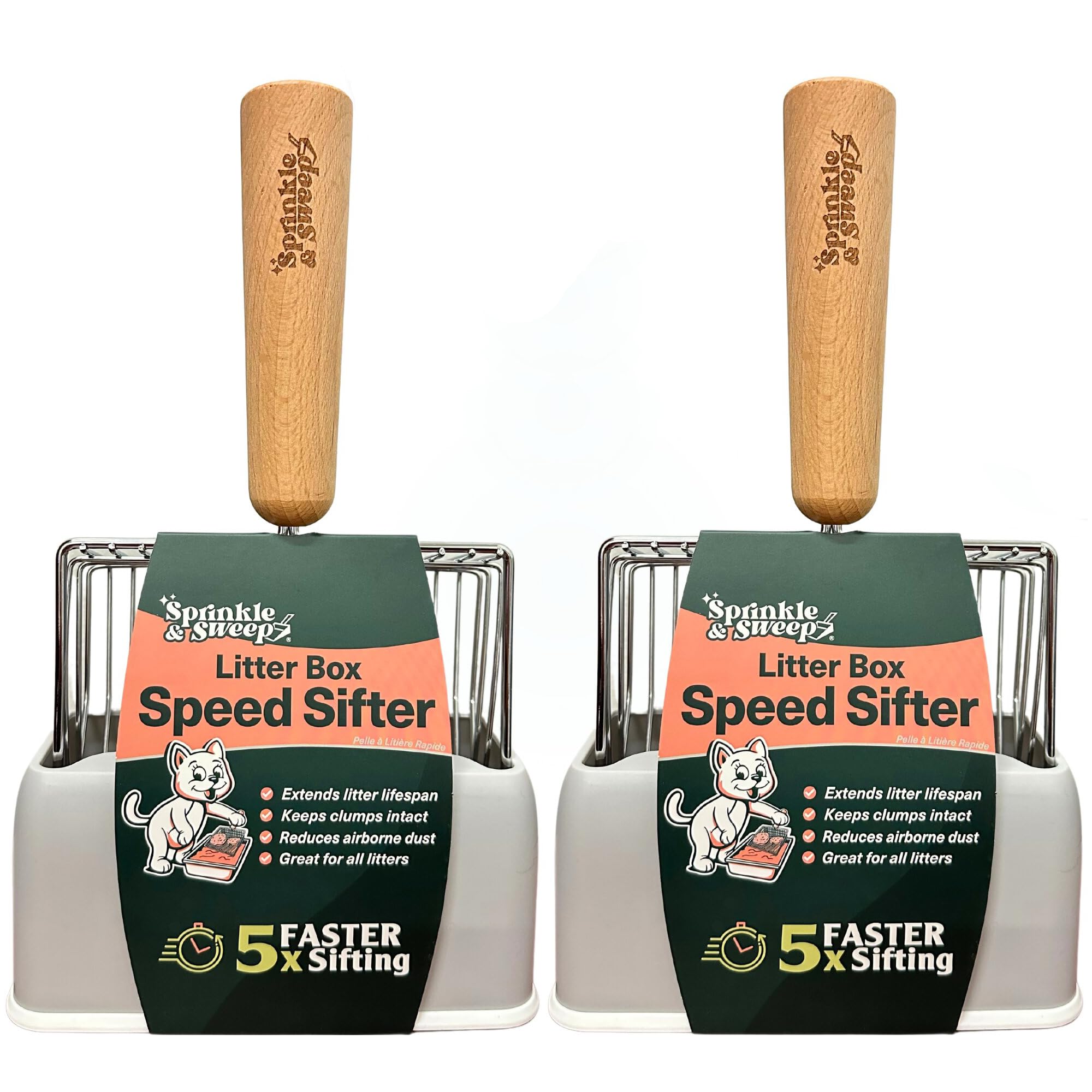 Sprinkle & Sweep Lot de 2 pelles à litière en métal pour chat – Pelle à litière robuste et tamis rapide avec poignée confortable en bois de hêtre – Support lavable pratique pour un nettoyage facile et