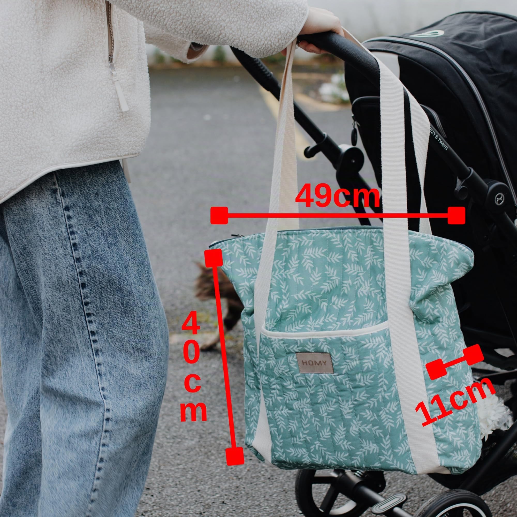 Sac à langer en coton matelassé grande capacité avec 3 poches, poignées en toile