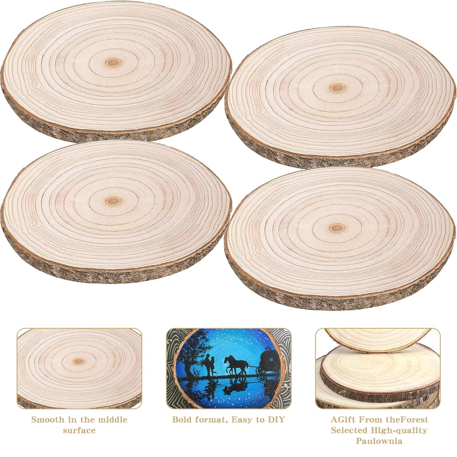 4 Sztuki Krążków Drewnianych z Paulowni, Ø 20–23 cm, Okrągłe Plastry Drewna Nieobrobione, Naturalne Krążki Drewniane do Rękodzieła,Dekoracyjny Plaster Drewna na Ślub, Boże Narodzenie i Dekorację Stołu