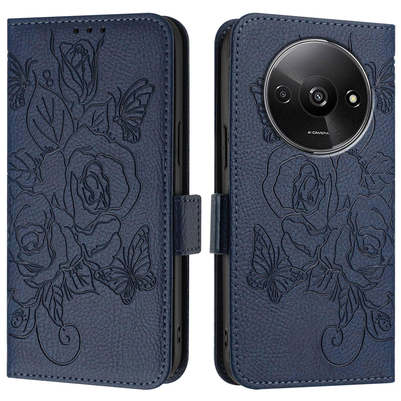 Étui Redmi A3 4G et POCO C61 Housse Portefeuille en Cuir PU Bleu avec Dragonne