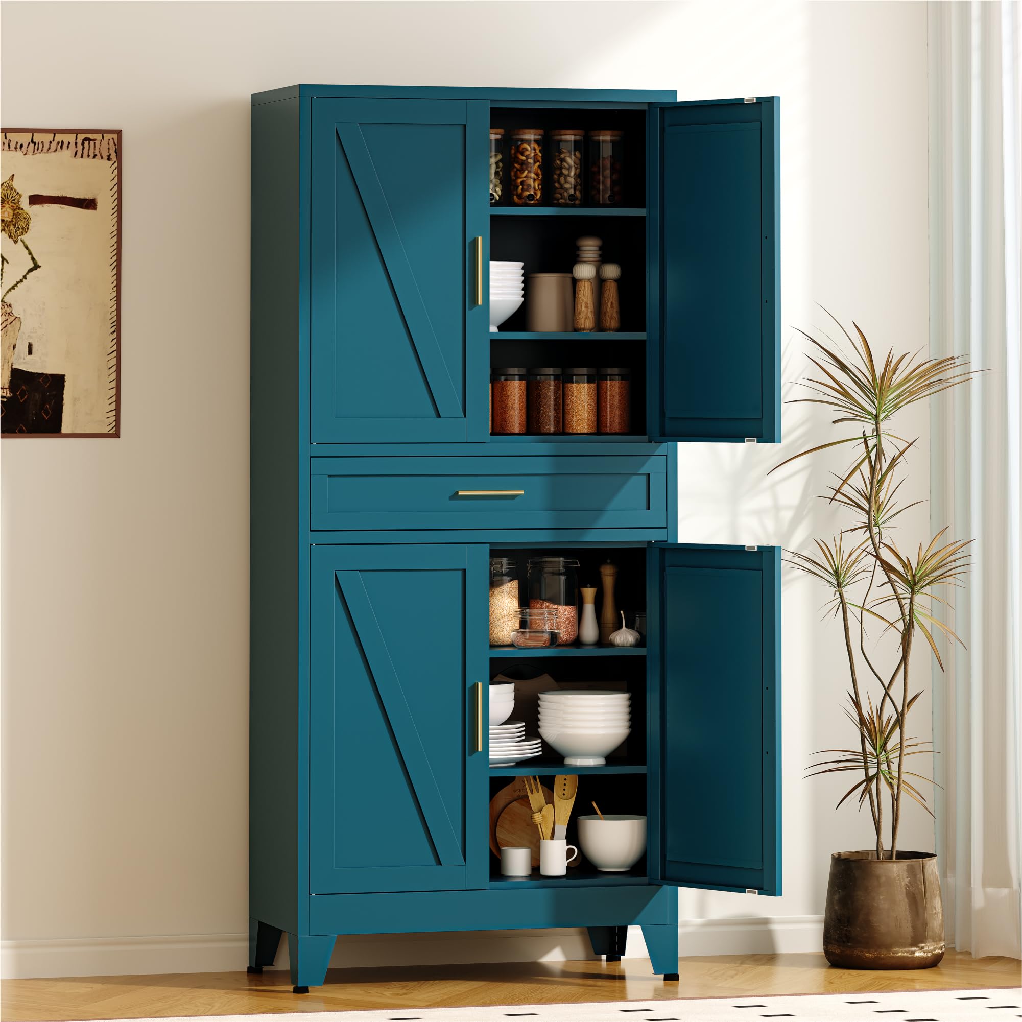 COFaR 71" Metal Pantry Cabinet with Drawer, Peacock Blue Storage Cabinet with Adjustable Shelves, 3-Section Modern Statement Cupboard for Kitchen &amp; Bathroom