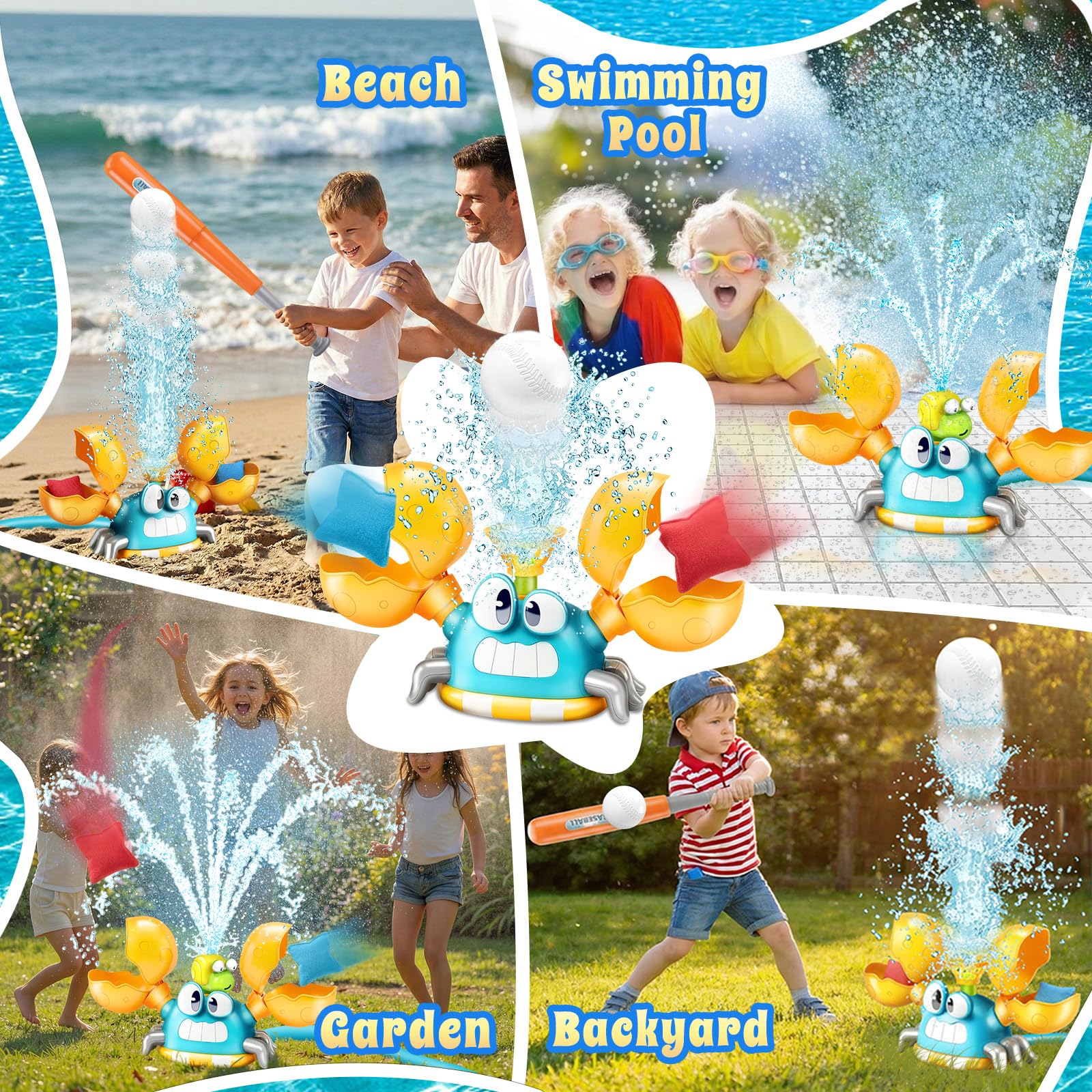 Jouet 3 en 1 pour enfants crabe arroseur, jeu de baseball avec lancer de sacs sable arroseur d'extérieur avec buses rotatives fixe au tuyau d'arrosage pour l'été dans jardin garçon ou fille 3-12 ans