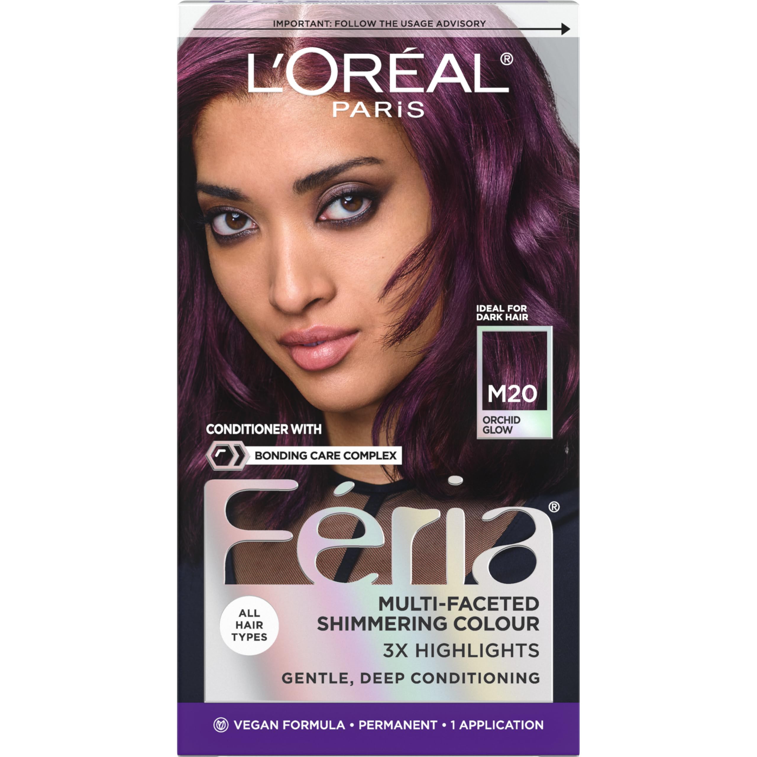 L’Oreal Paris Feria Midnight Bold Multi-Faceted Permanent Hair Dye, One-Step Hair Color Kit for Dark Hair, No Bleach Required, Orchid Glow