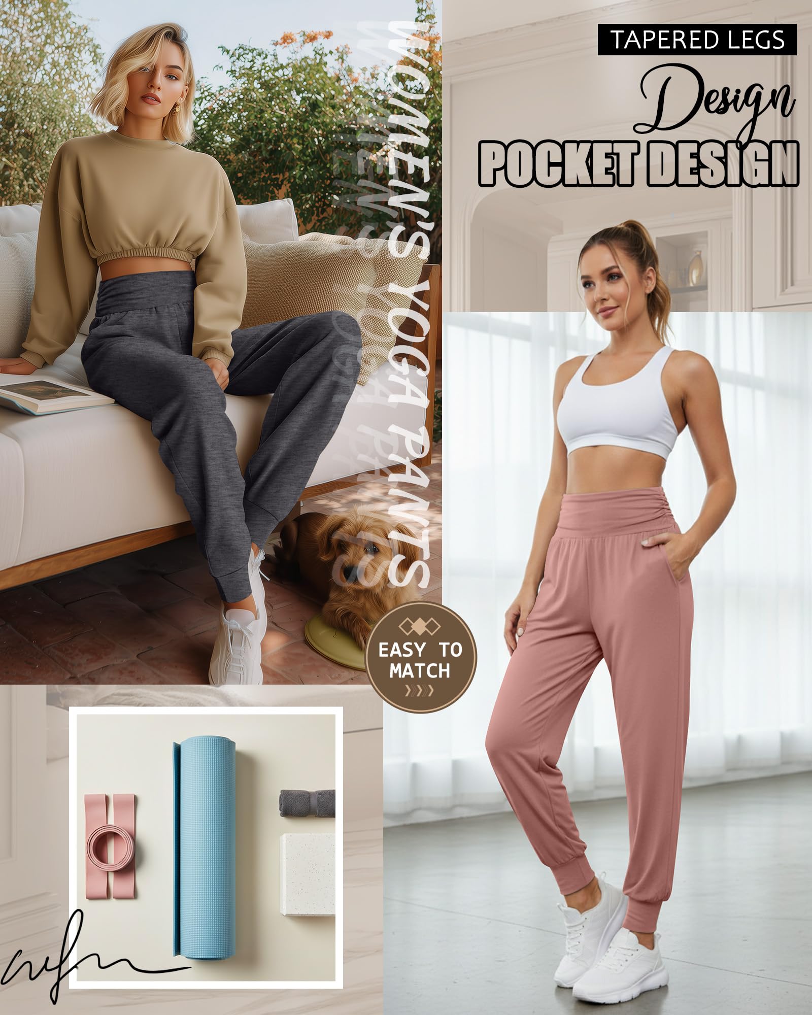 Tenare Lot de 2 Pantalons de Yoga Jogging Femme, Coupe Ample Décontractée avec Poches, Taille Haute Confortable