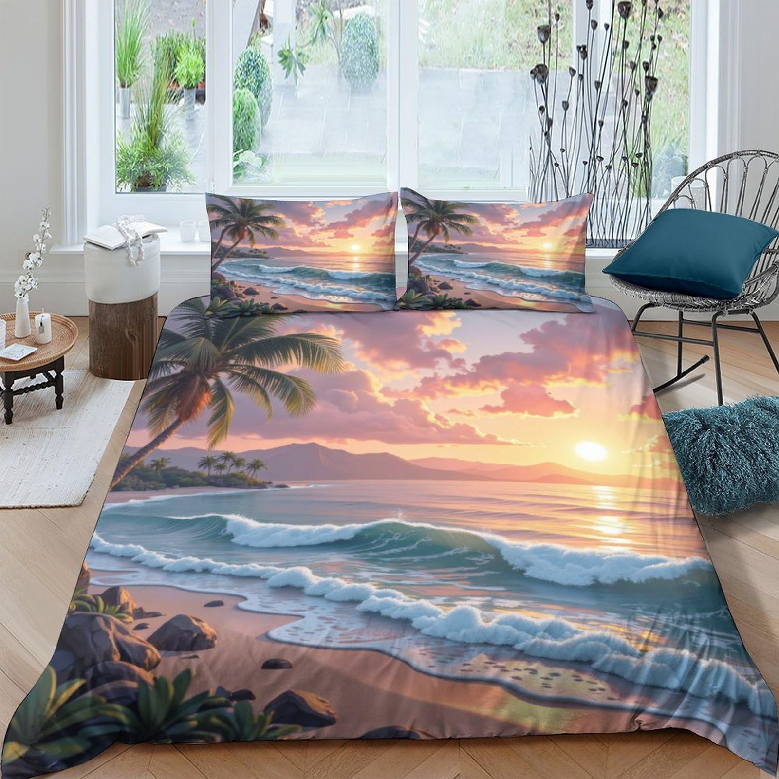 Ctjqhvkz Style-9 3D Printed Sunset Beach Fitted Sheet Microfiber Soft Breathable Ocean Wave Mattress Cover For Bedroom Decor Single（135X200cm）